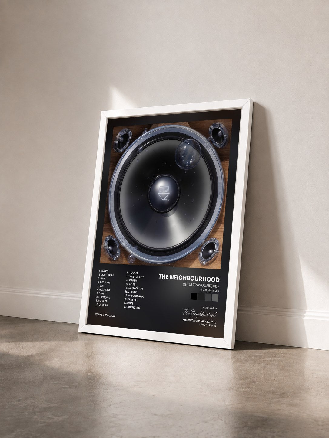 #blanc Tableau de l'album (((((ultraSOUND)))))+ de The Neighbourhood vu de trois quarts, cadre blanc
