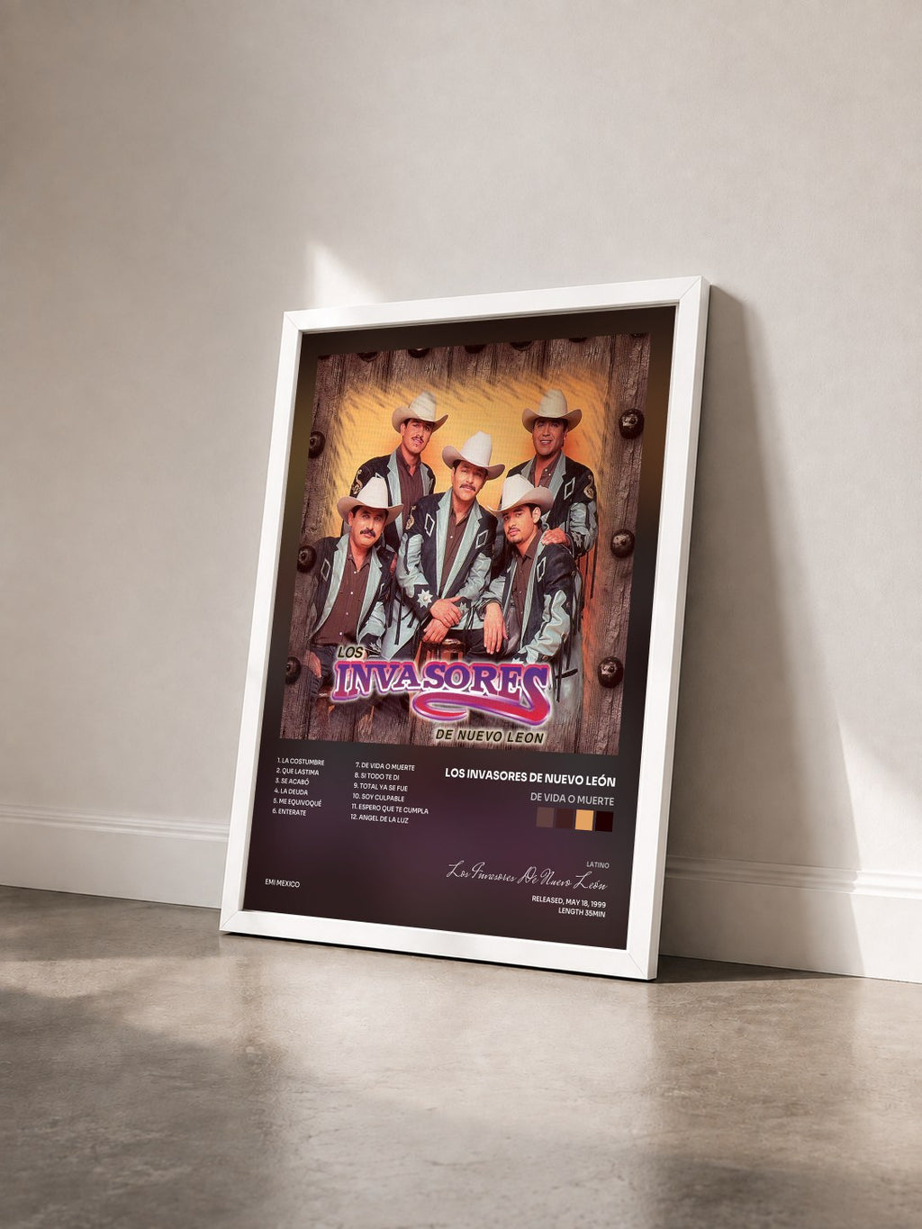 #blanc De Vida O Muerte by Los Invasores De Nuevo León as a framed art print seen at an angle, white frame