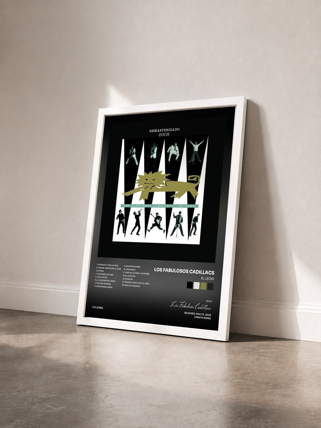 #blanc Tableau de l'album El León de Los Fabulosos Cadillacs vu de trois quarts, cadre blanc