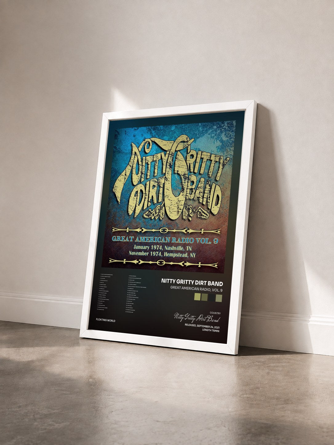 #blanc Tableau de l'album Great American Radio, Vol. 9 de Nitty Gritty Dirt Band vu de trois quarts, cadre blanc