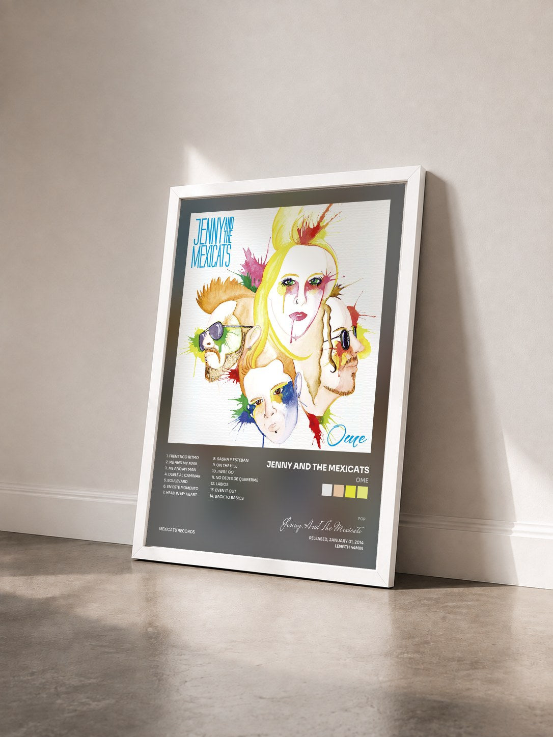#blanc Tableau de l'album Ome de Jenny And The Mexicats vu de trois quarts, cadre blanc