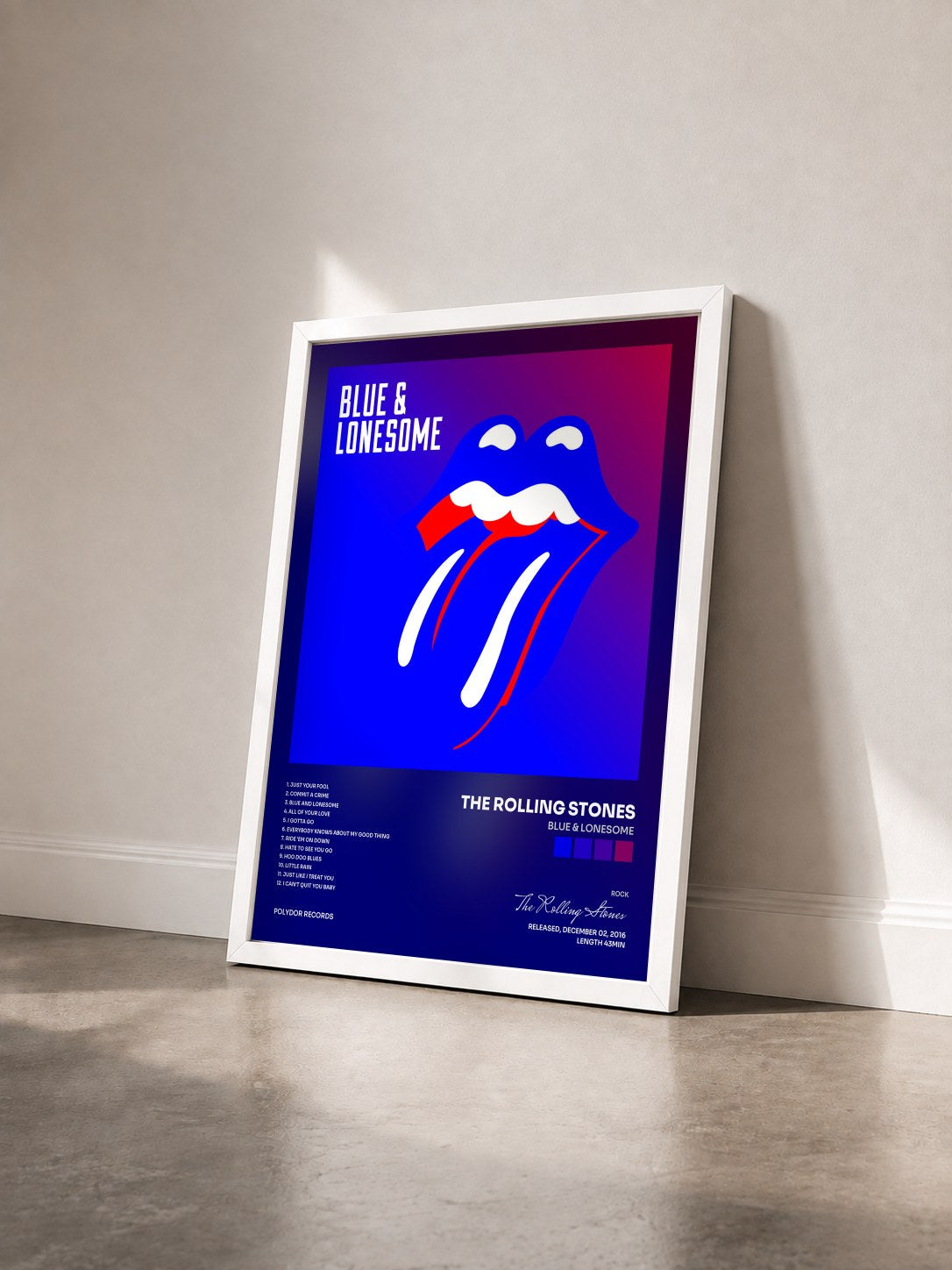 #blanc Tableau de l'album Blue & Lonesome de The Rolling Stones vu de trois quarts, cadre blanc