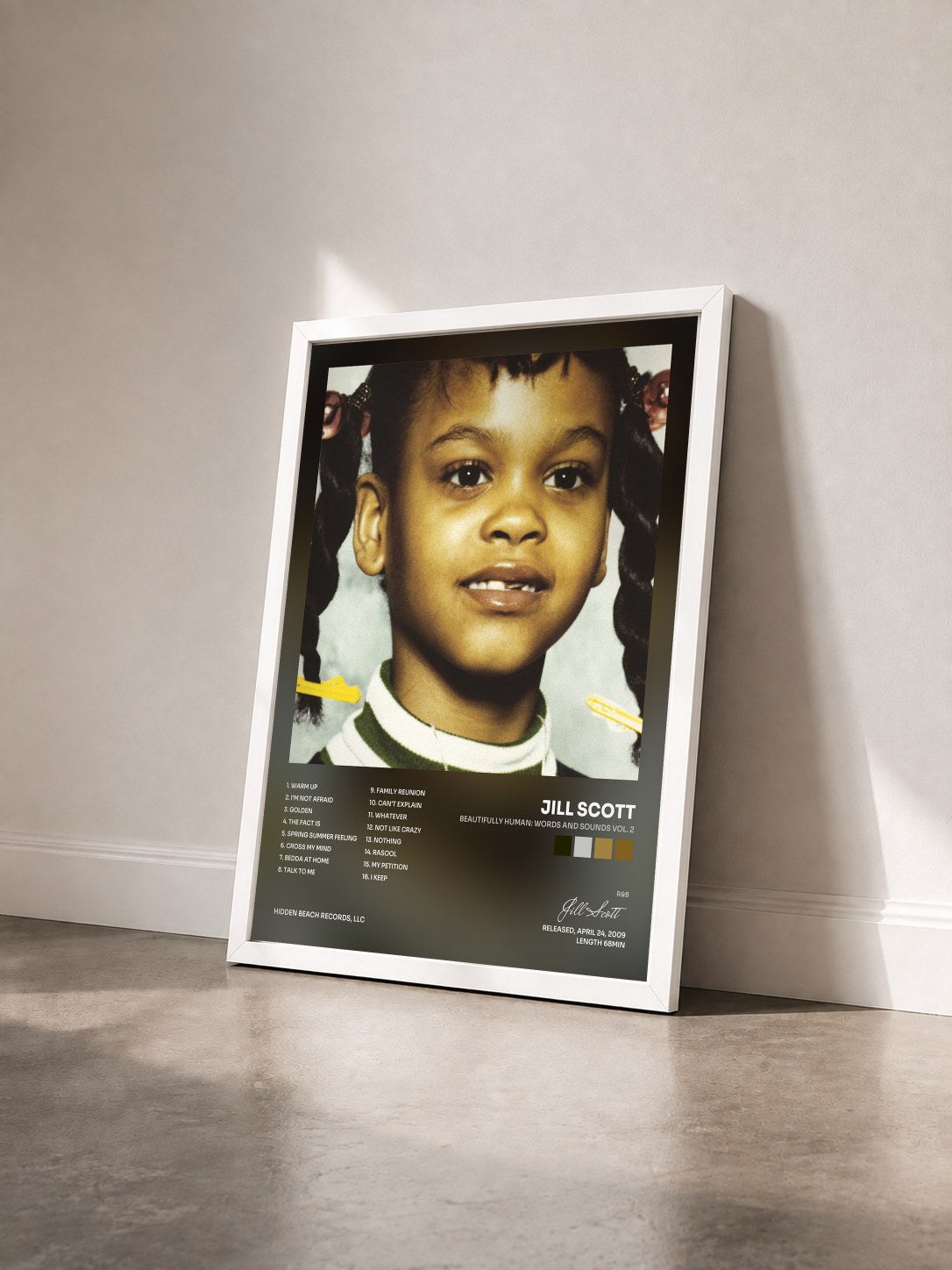#blanc Tableau de l'album Beautifully Human: Words and Sounds Vol. 2 de Jill Scott vu de trois quarts, cadre blanc