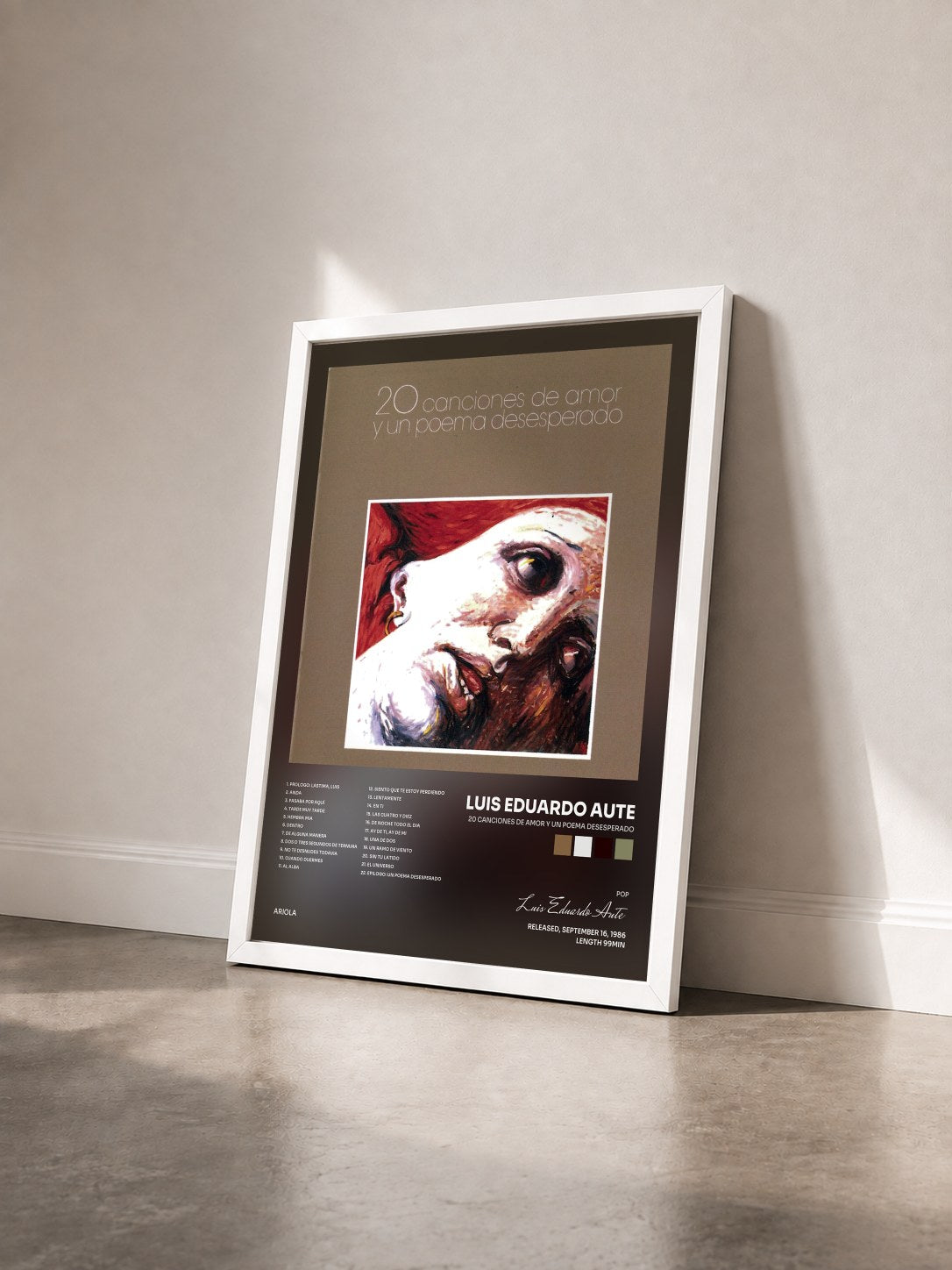 #blanc Tableau de l'album 20 Canciones De Amor Y Un Poema Desesperado de Luis Eduardo Aute vu de trois quarts, cadre blanc