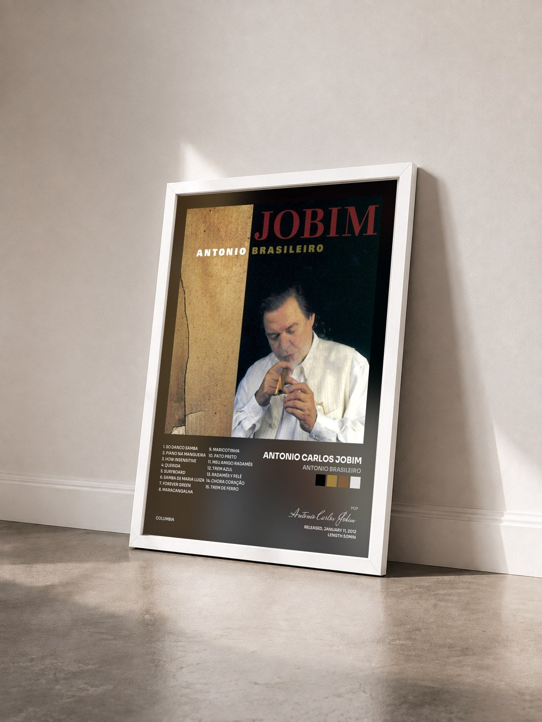 #blanc Tableau de l'album Antonio Brasileiro de Antonio Carlos Jobim vu de trois quarts, cadre blanc