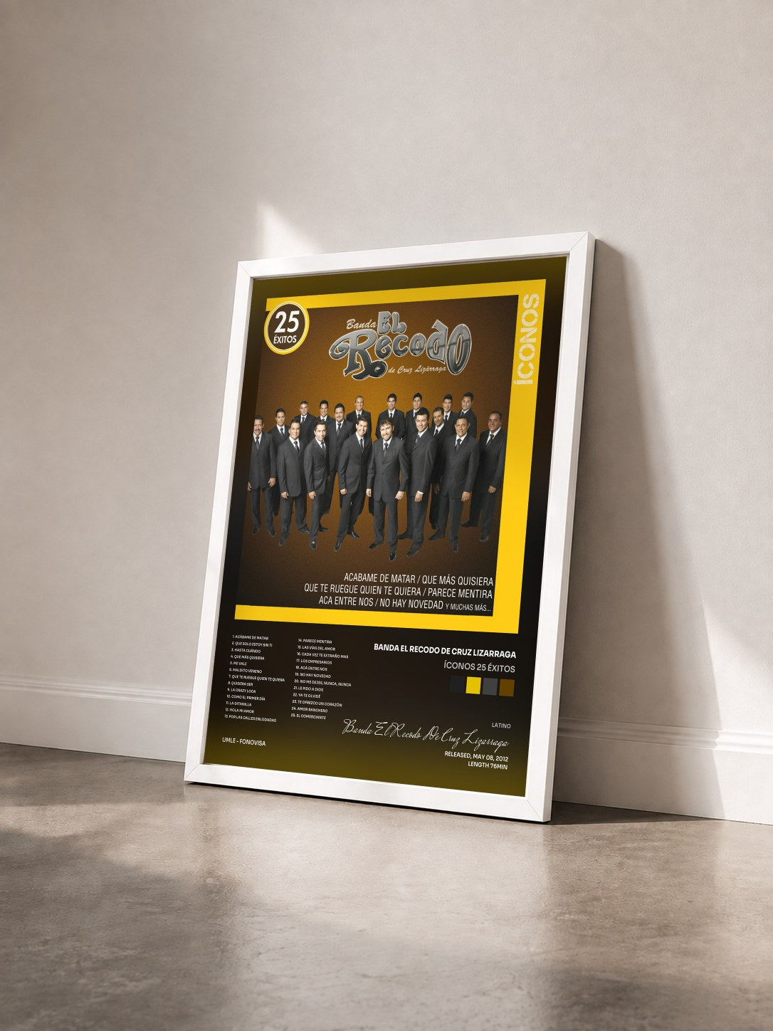 #blanc Tableau de l'album Íconos 25 Éxitos de Banda El Recodo De Cruz Lizarraga vu de trois quarts, cadre blanc