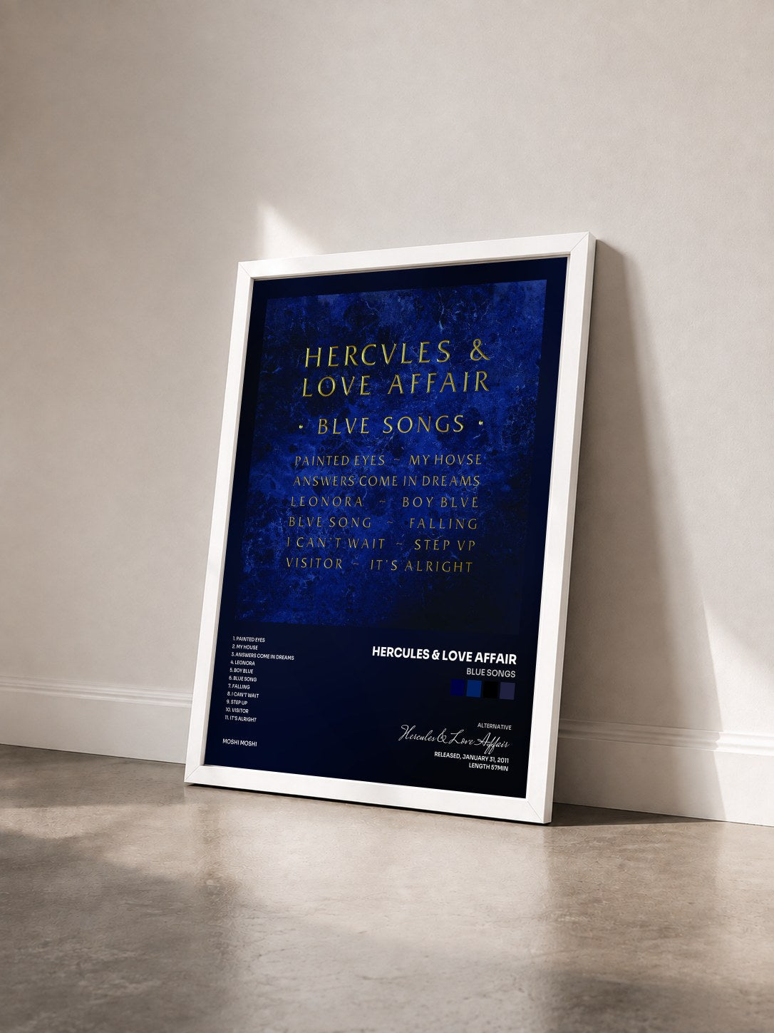 #blanc Tableau de l'album Blue Songs de Hercules & Love Affair vu de trois quarts, cadre blanc