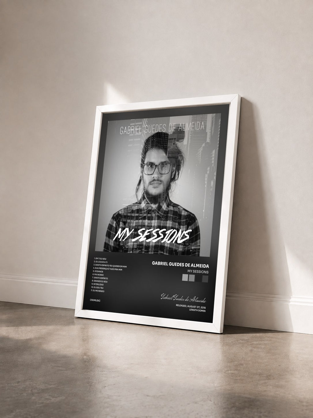 #blanc My Sessions by Gabriel Guedes de Almeida as a framed art print seen at an angle, white frame