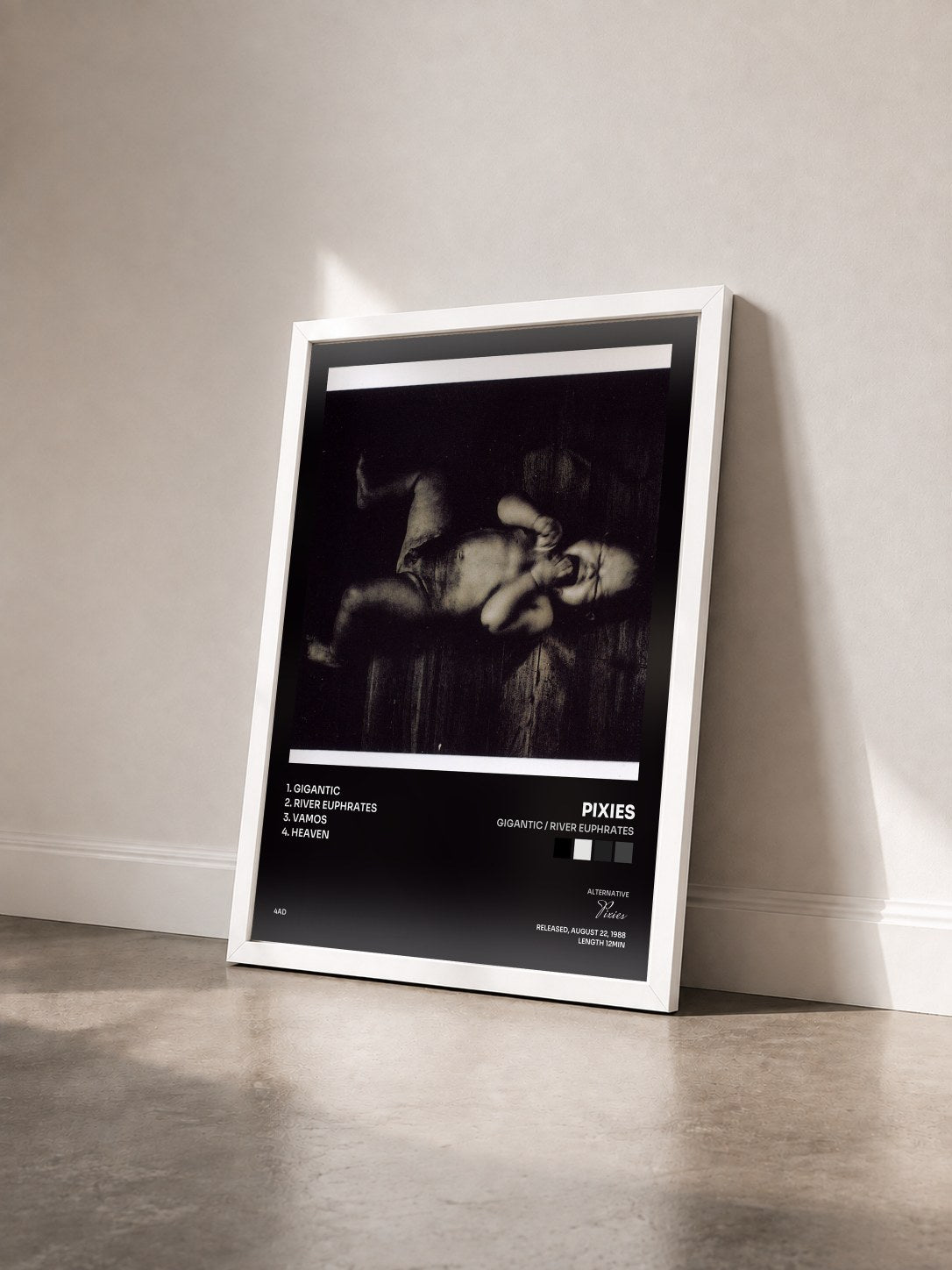 #blanc Tableau de l'album Gigantic / River Euphrates de Pixies vu de trois quarts, cadre blanc