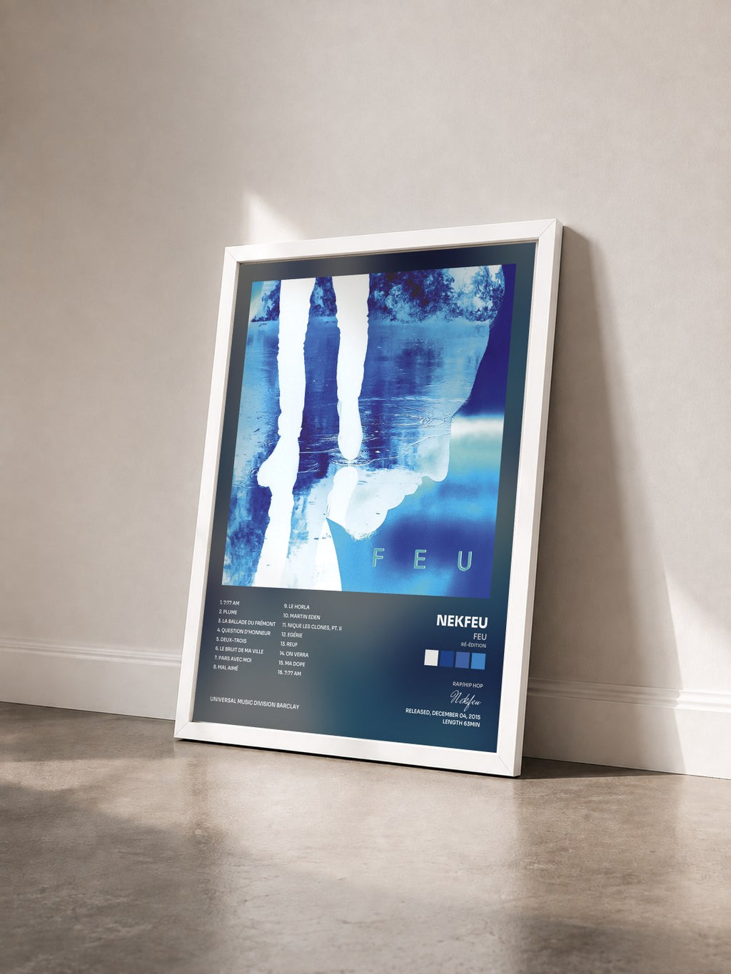 #blanc Tableau de l'album Feu (Ré-édition) de Nekfeu vu de trois quarts, cadre blanc
