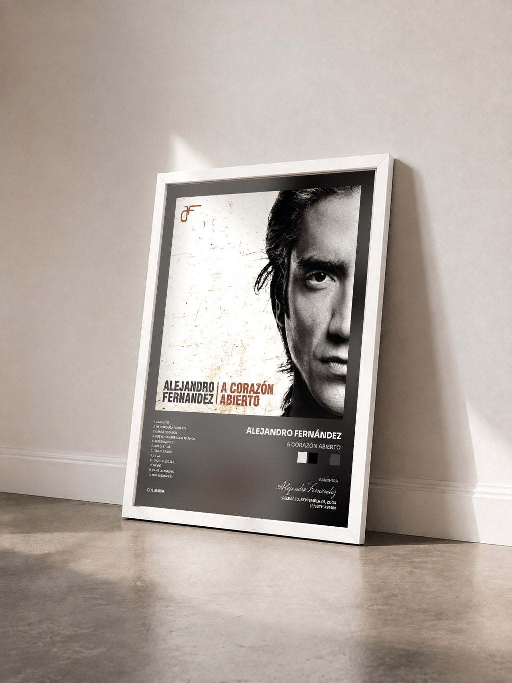 #blanc Tableau de l'album A Corazón Abierto de Alejandro Fernández vu de trois quarts, cadre blanc