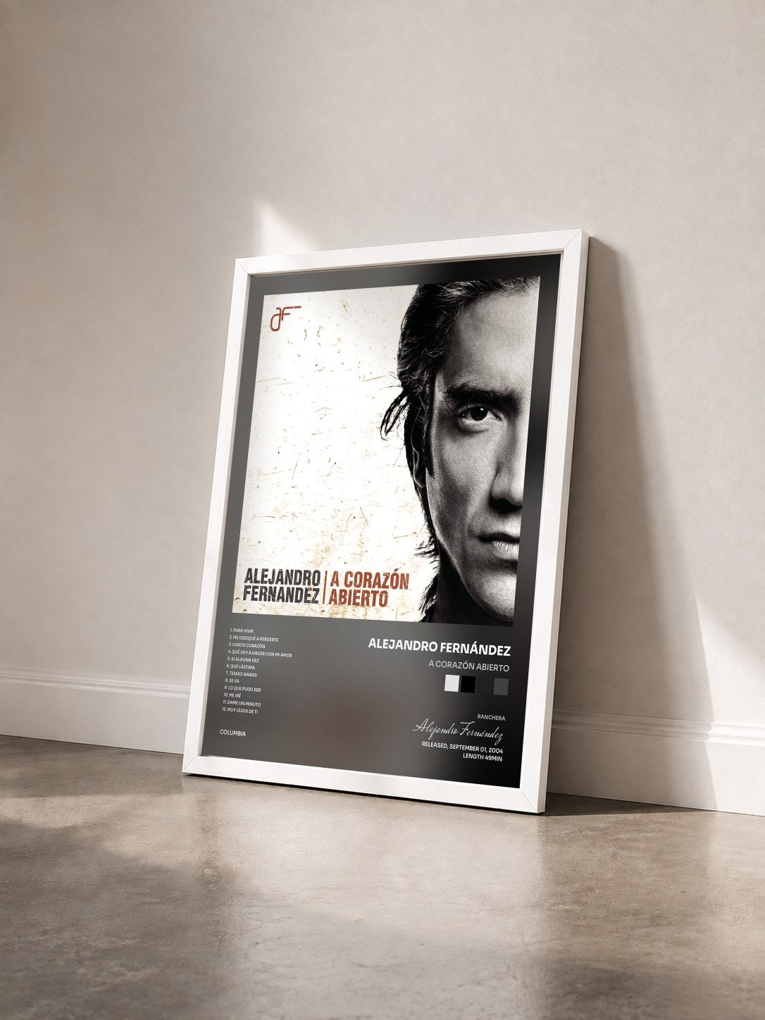 #blanc Tableau de l'album A Corazón Abierto de Alejandro Fernández vu de trois quarts, cadre blanc