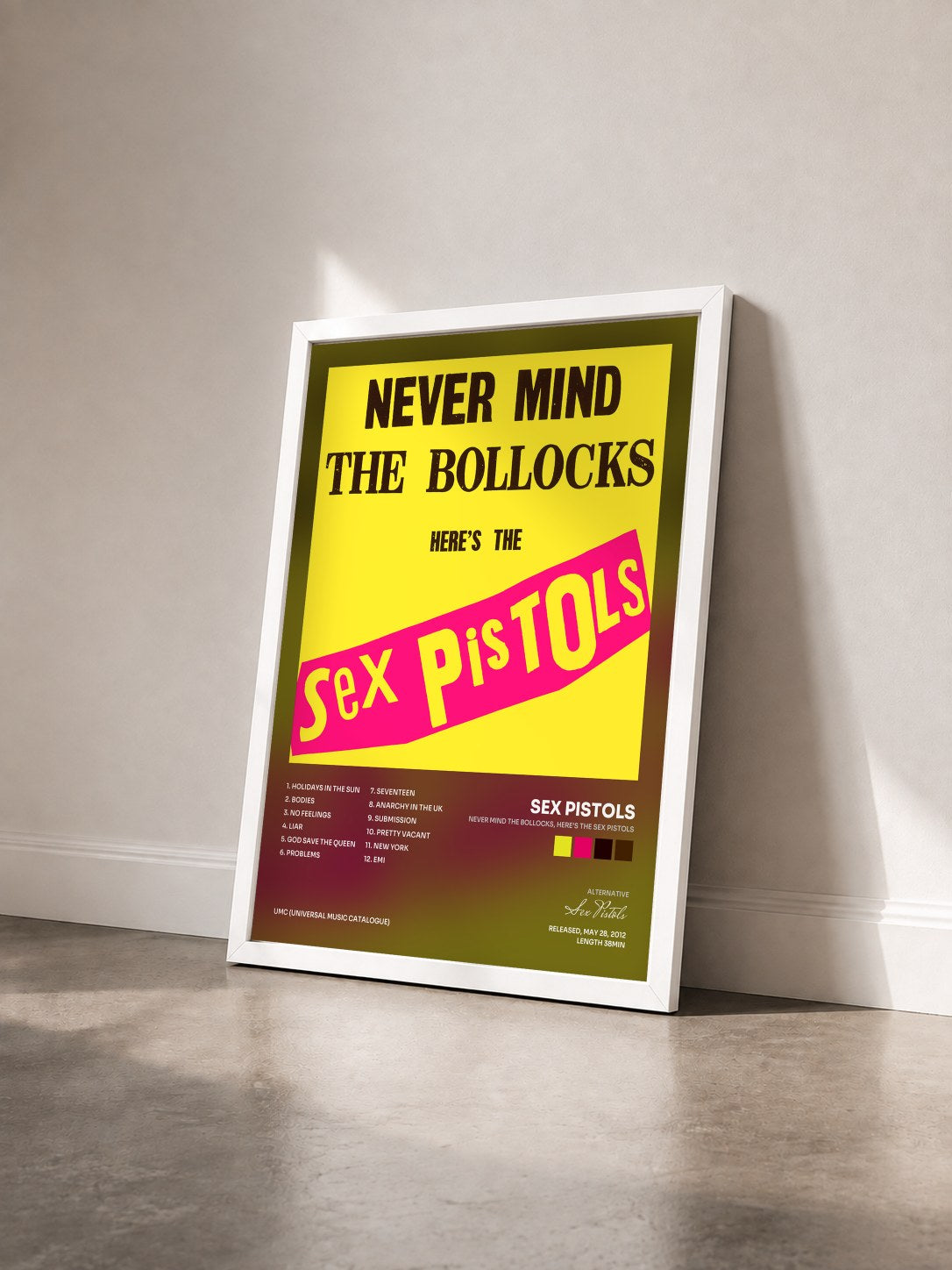 #blanc Tableau de l'album Never Mind The Bollocks, Here’s The Sex Pistols de Sex Pistols vu de trois quarts, cadre blanc