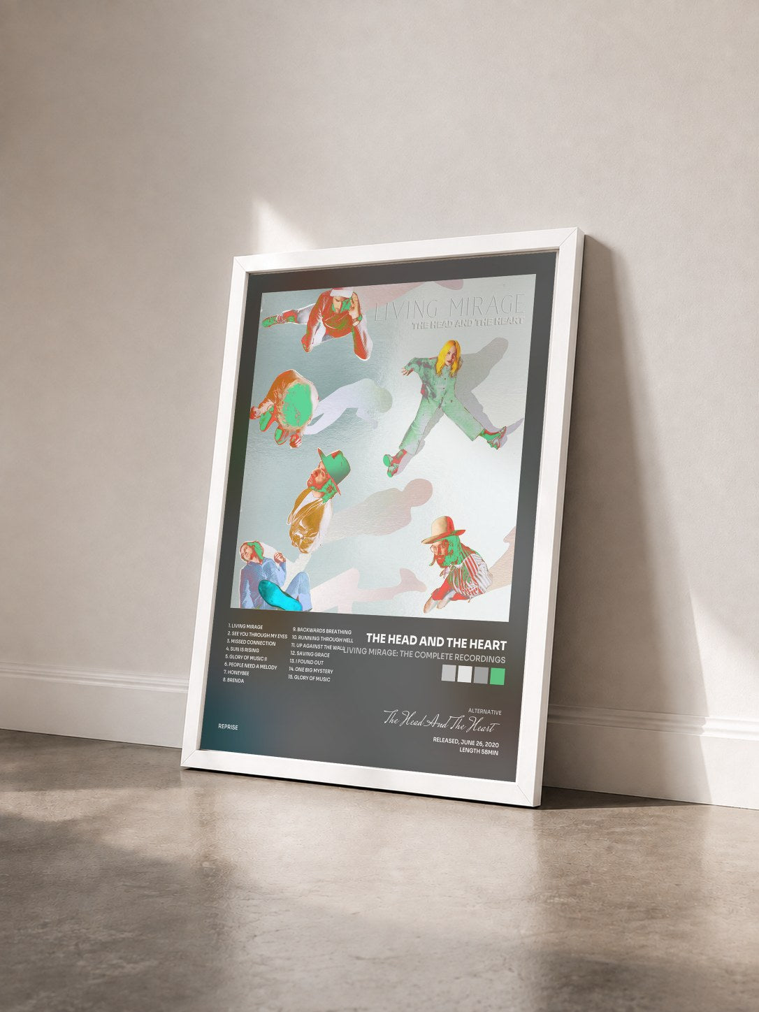 #blanc Tableau de l'album Living Mirage: The Complete Recordings de The Head And The Heart vu de trois quarts, cadre blanc