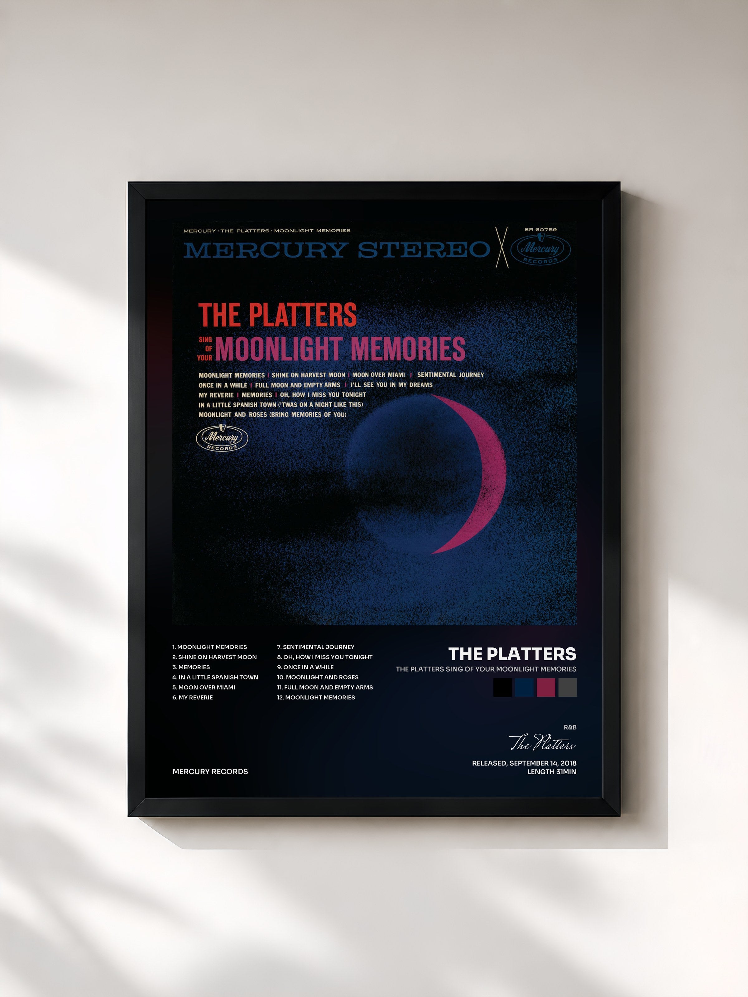 #noir Tableau de l'album The Platters Sing Of Your Moonlight Memories de The Platters, cadre noir, imprimé et encadré en France