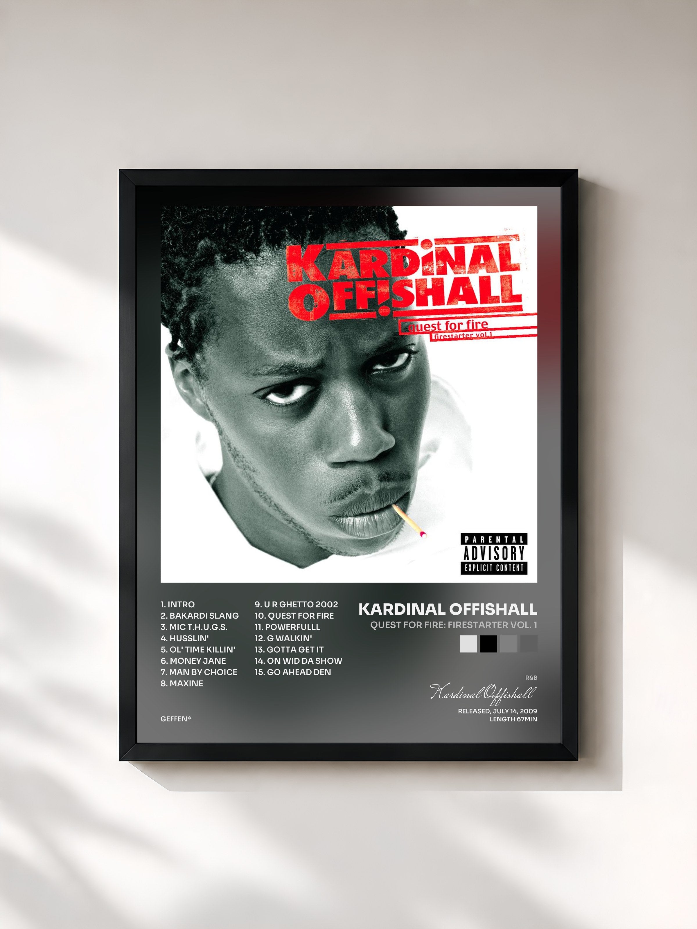#noir Tableau de l'album Quest For Fire: Firestarter Vol. 1 de Kardinal Offishall, cadre noir, imprimé et encadré en France