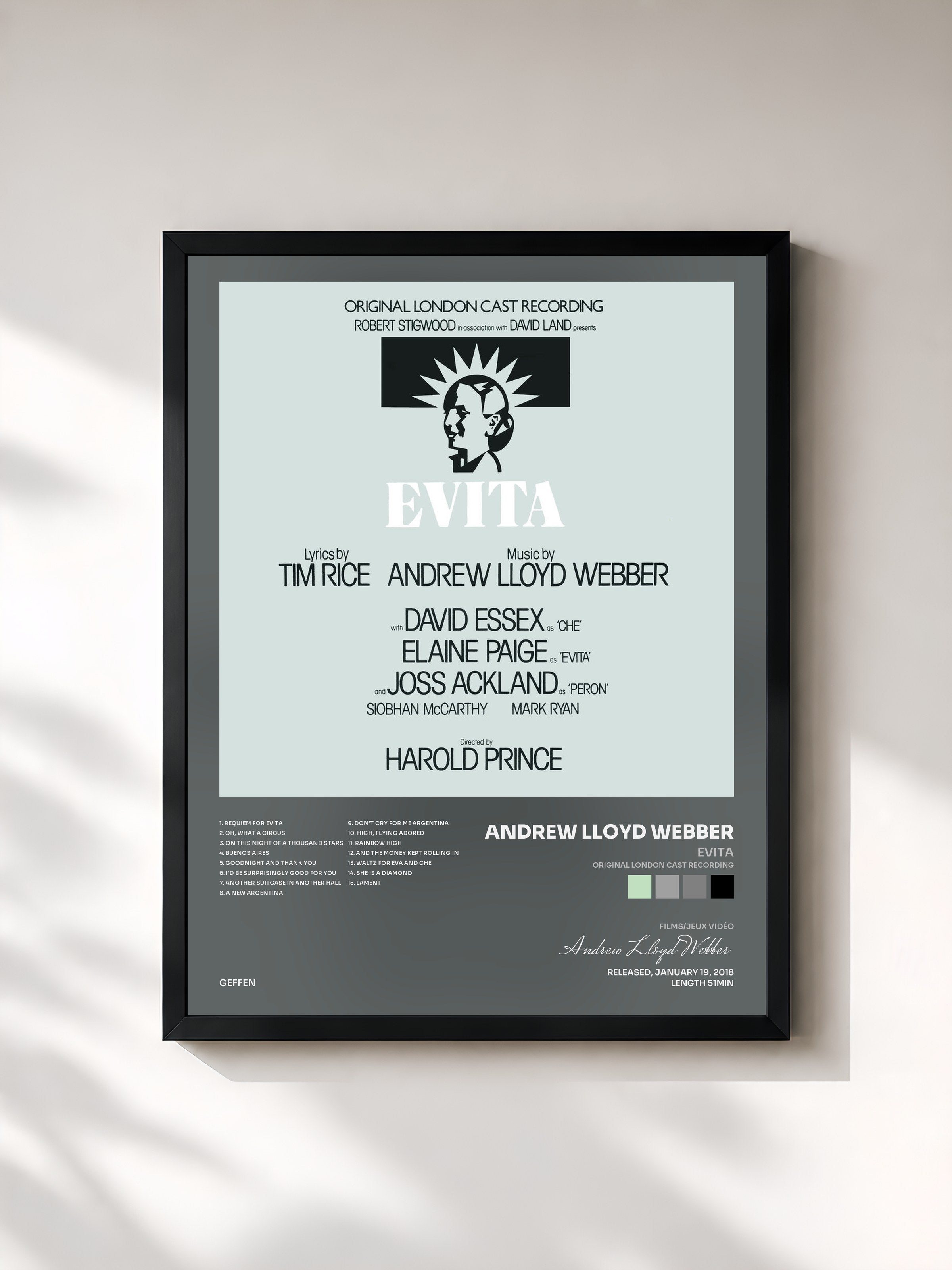 #noir Tableau de l'album Evita (Original London Cast Recording) de Andrew Lloyd Webber, cadre noir, imprimé et encadré en France