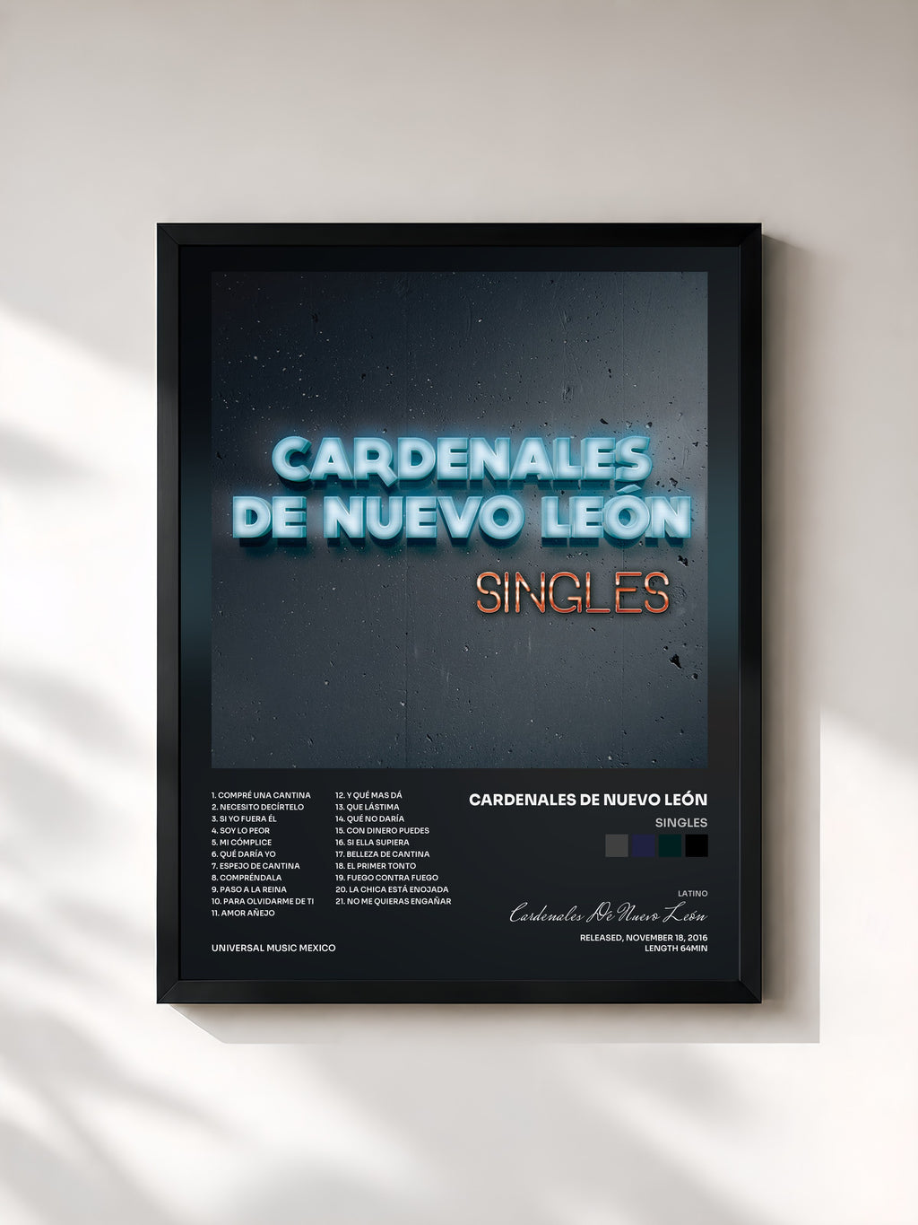 #noir Tableau de l'album Singles de Cardenales De Nuevo León, cadre noir, imprimé et encadré en France