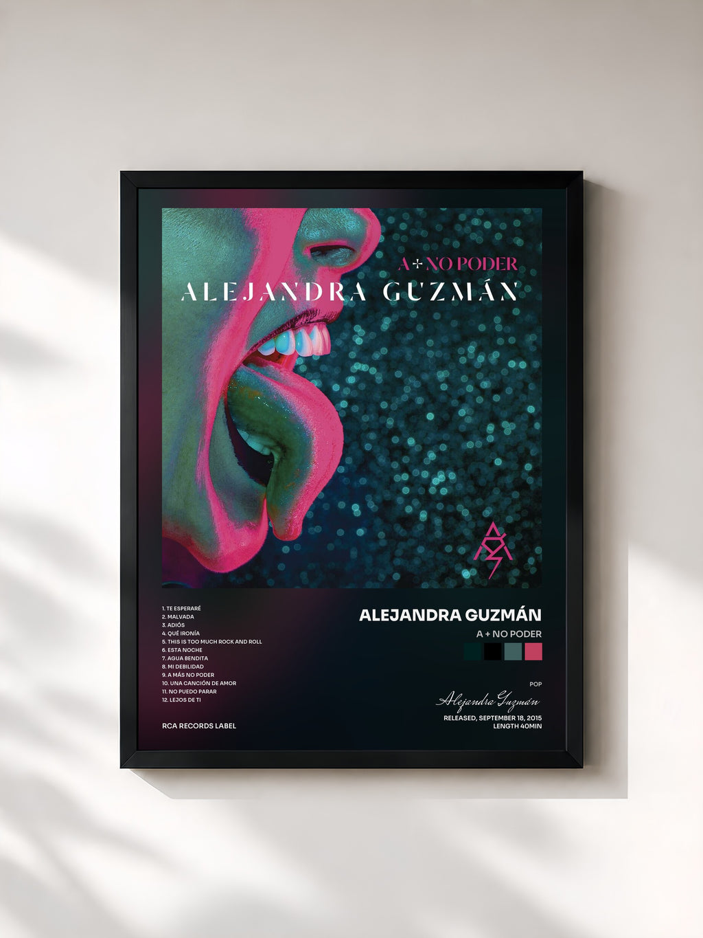 #noir Tableau de l'album A + No Poder de Alejandra Guzmán, cadre noir, imprimé et encadré en France