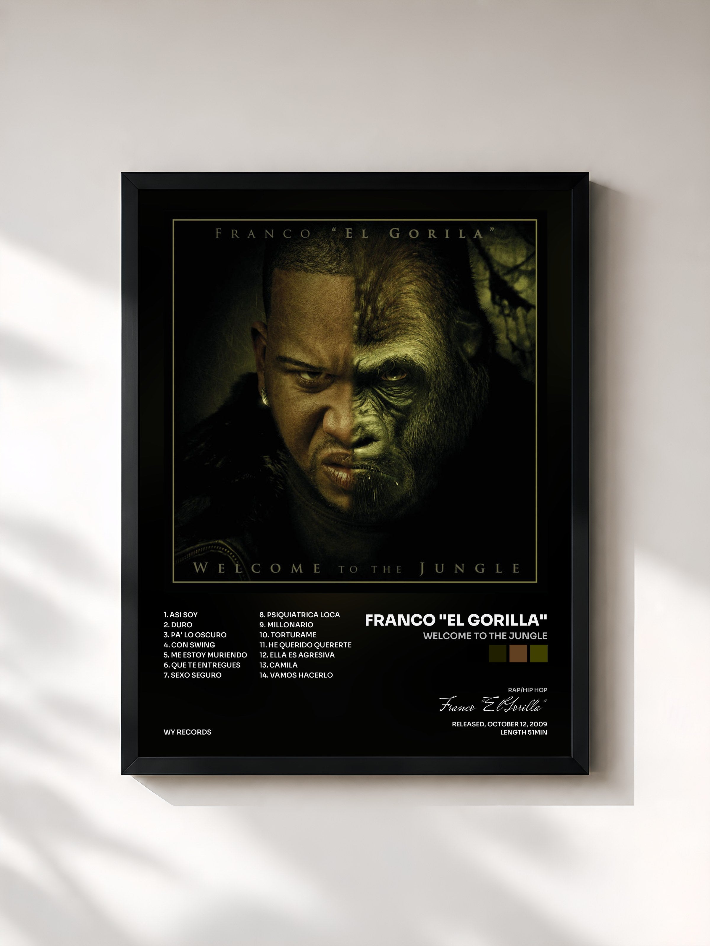#noir Tableau de l'album Welcome To The Jungle de Franco "El Gorilla", cadre noir, imprimé et encadré en France