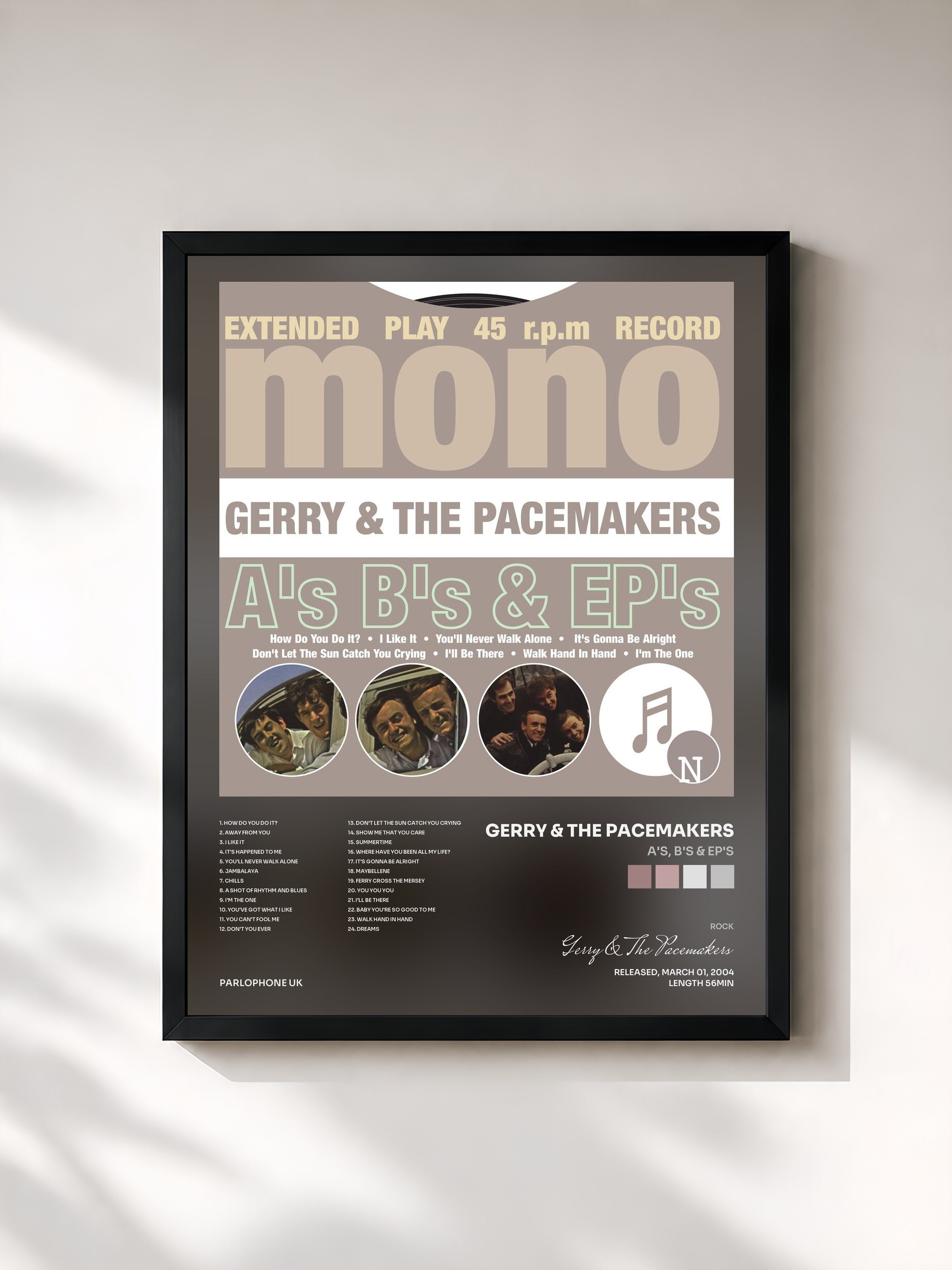 #noir Tableau de l'album A's, B's & EP's de Gerry & The Pacemakers, cadre noir, imprimé et encadré en France