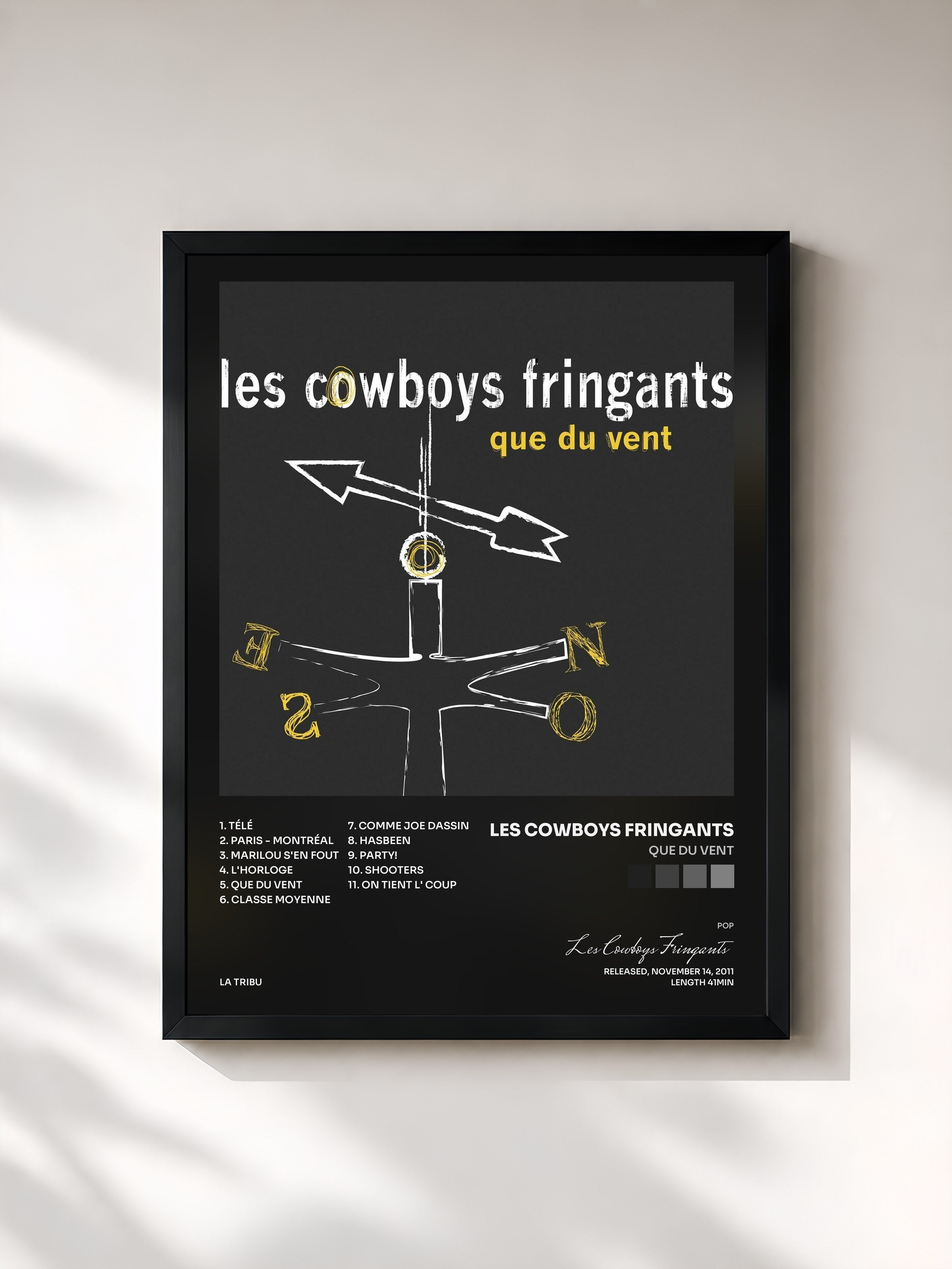 #noir Tableau de l'album Que du vent de Les Cowboys Fringants, cadre noir, imprimé et encadré en France