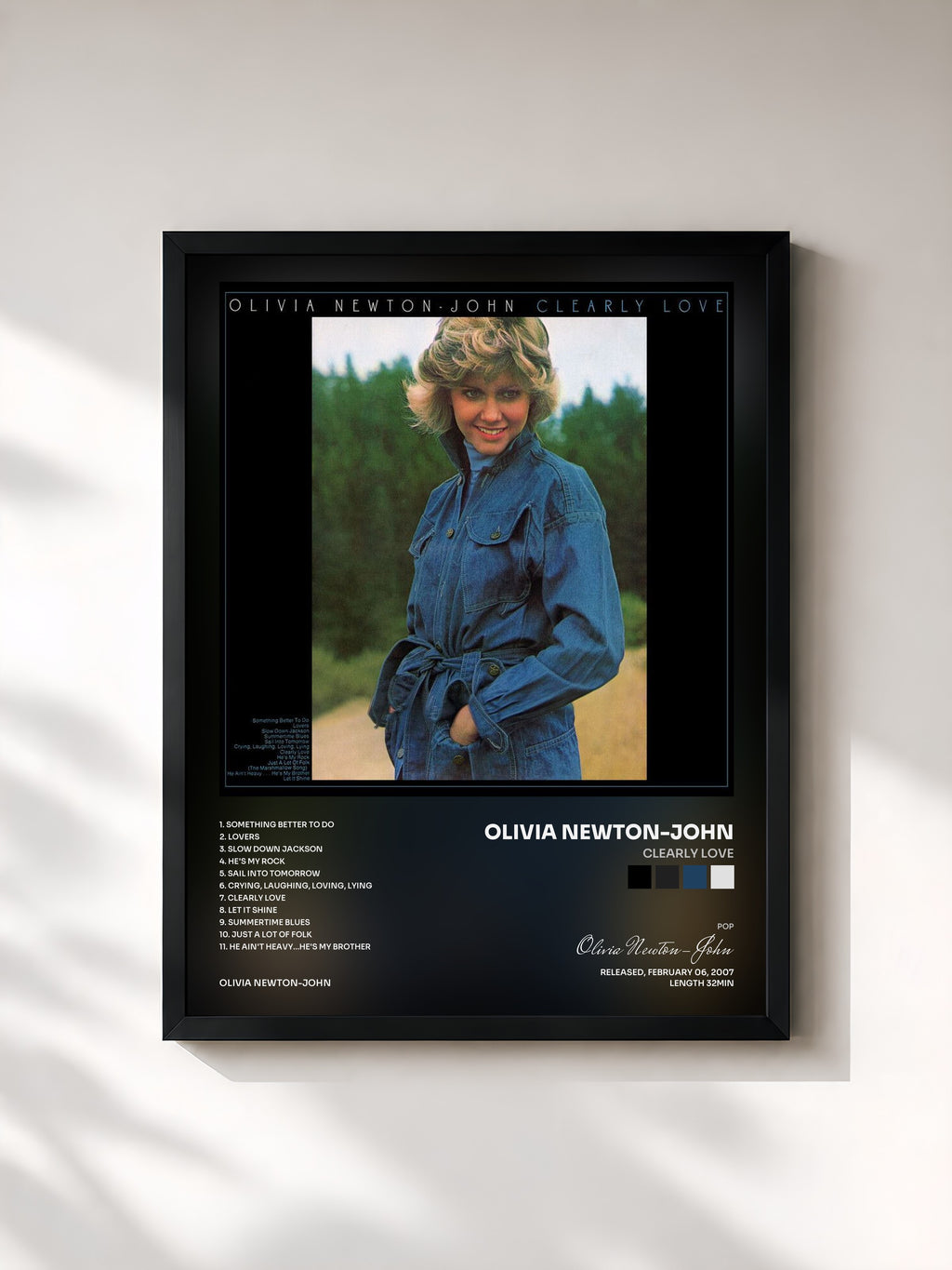#noir Tableau de l'album Clearly Love de Olivia Newton-John, cadre noir, imprimé et encadré en France