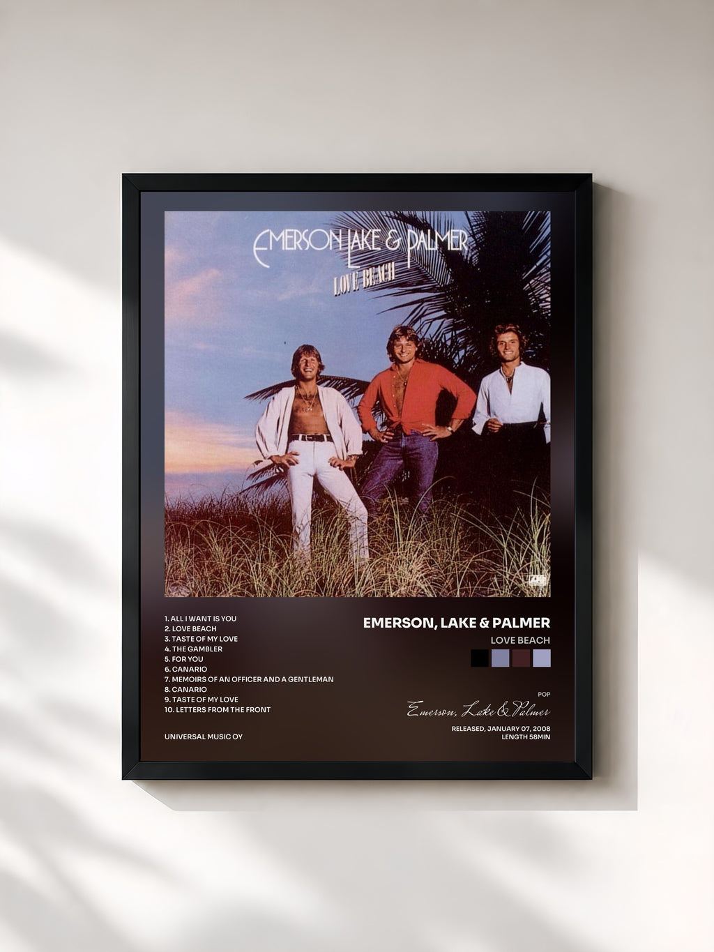 #noir Tableau de l'album Love Beach de Emerson, Lake & Palmer, cadre noir, imprimé et encadré en France
