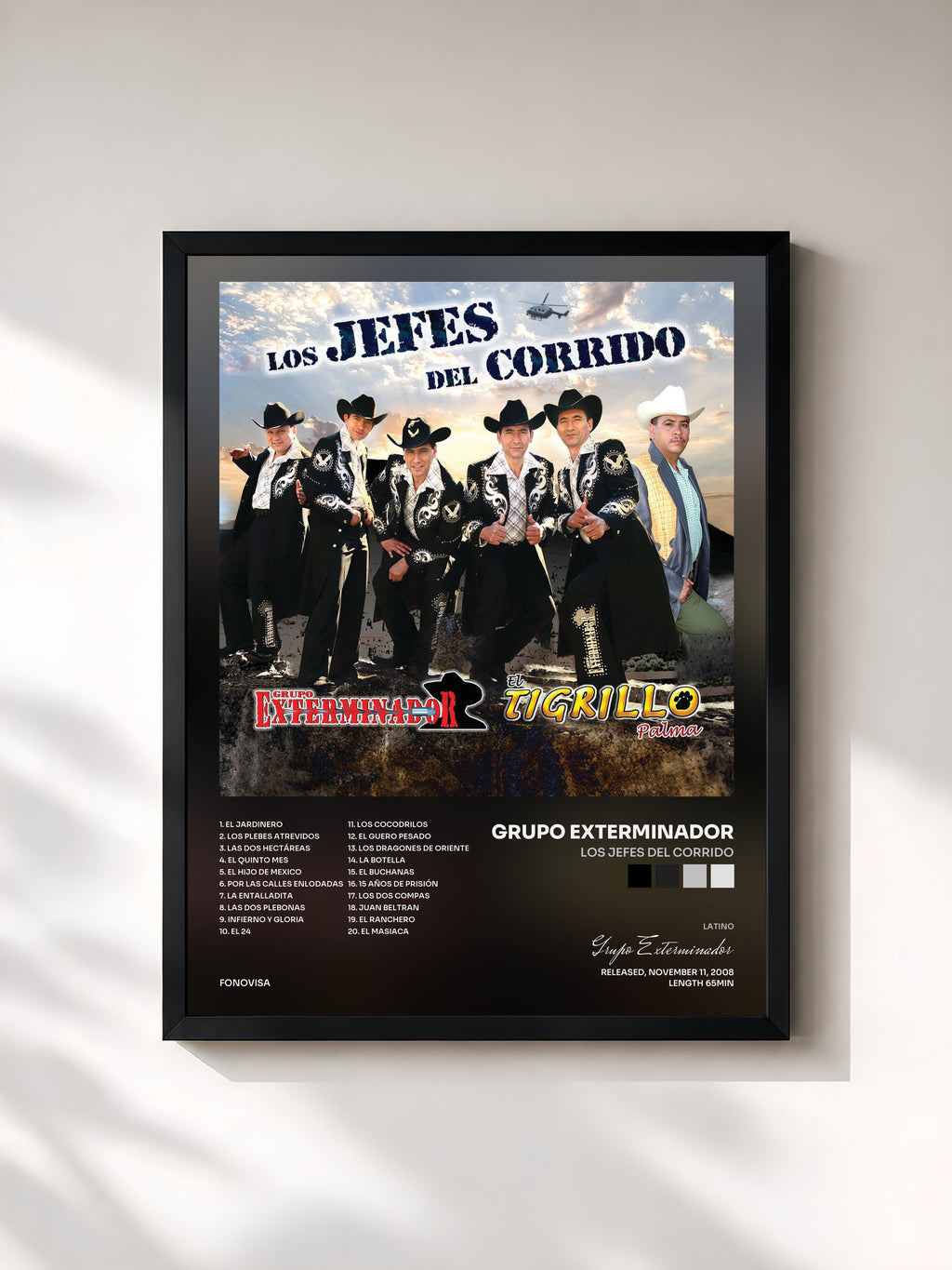 #noir Tableau de l'album Los Jefes Del Corrido de Grupo Exterminador, cadre noir, imprimé et encadré en France
