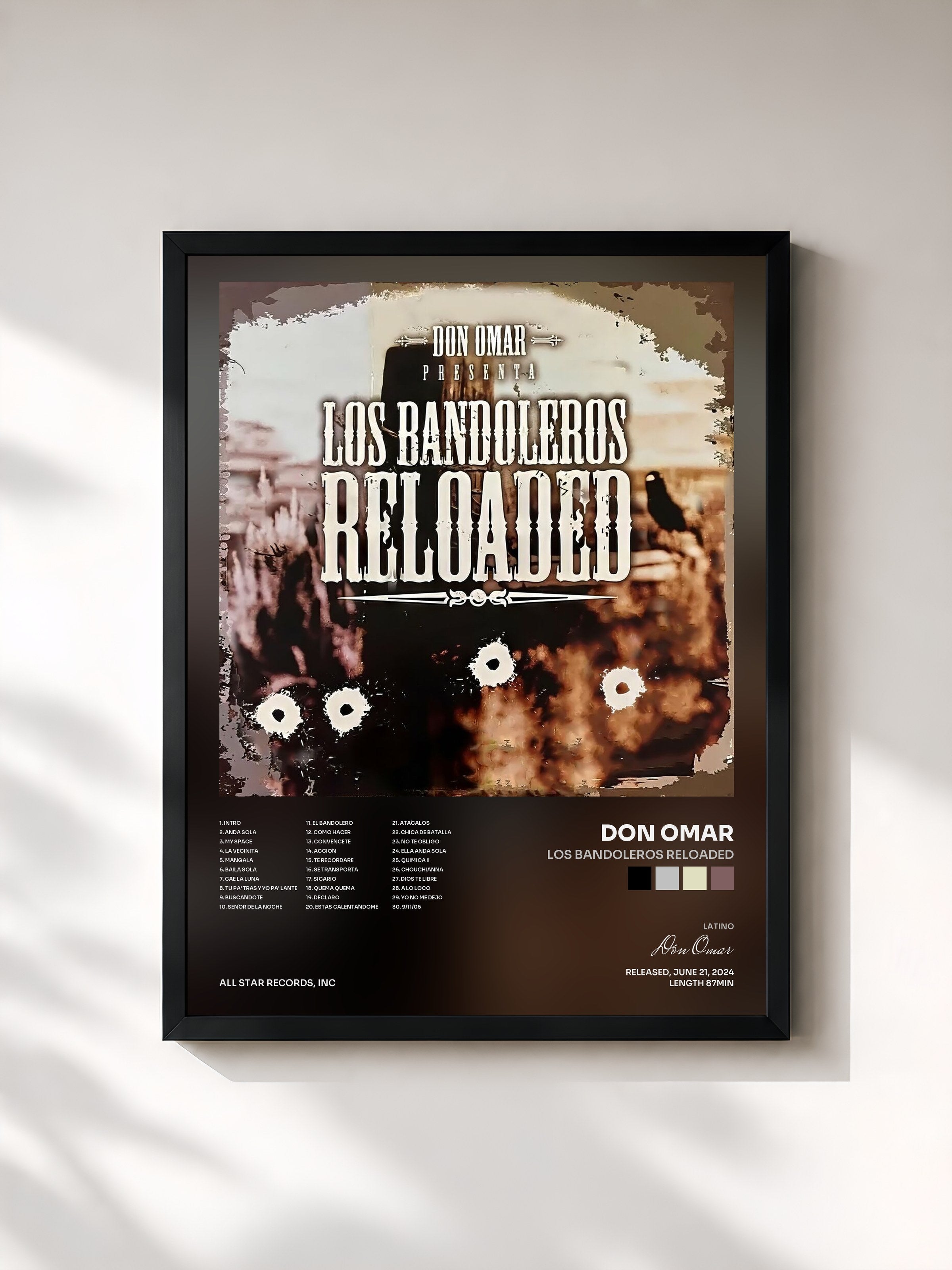 #noir Tableau de l'album Los Bandoleros Reloaded de Don Omar, cadre noir, imprimé et encadré en France