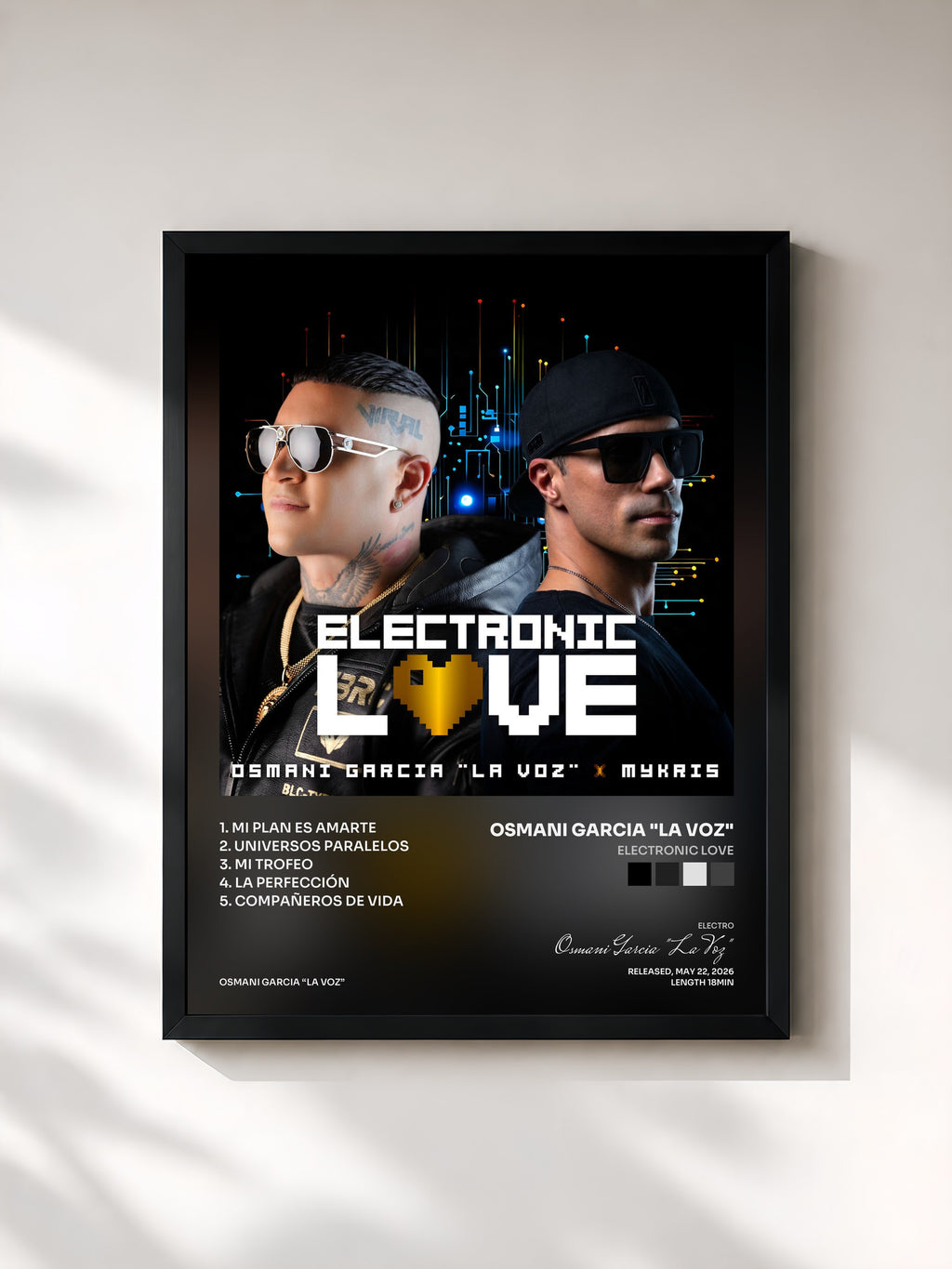 #noir Tableau de l'album Electronic Love de Osmani Garcia "La Voz", cadre noir, imprimé et encadré en France
