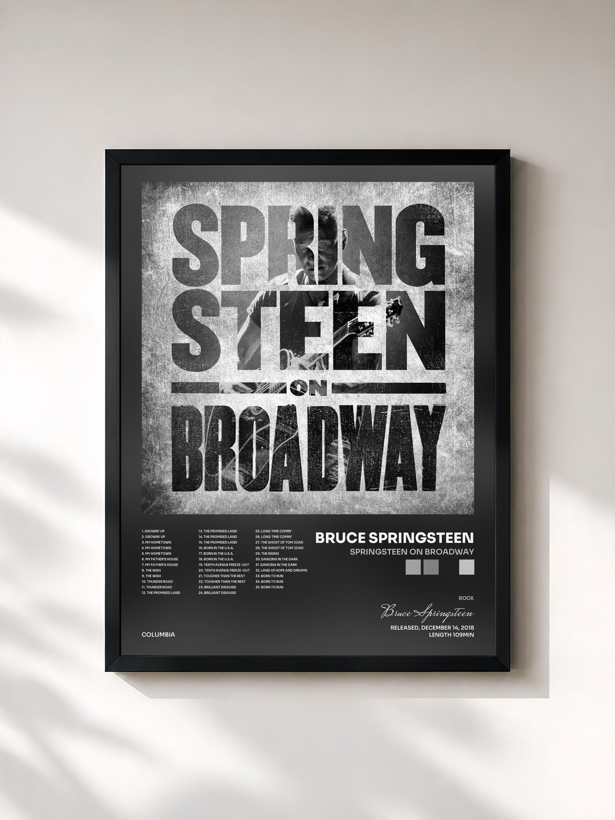 #noir Tableau de l'album Springsteen on Broadway de Bruce Springsteen, cadre noir, imprimé et encadré en France