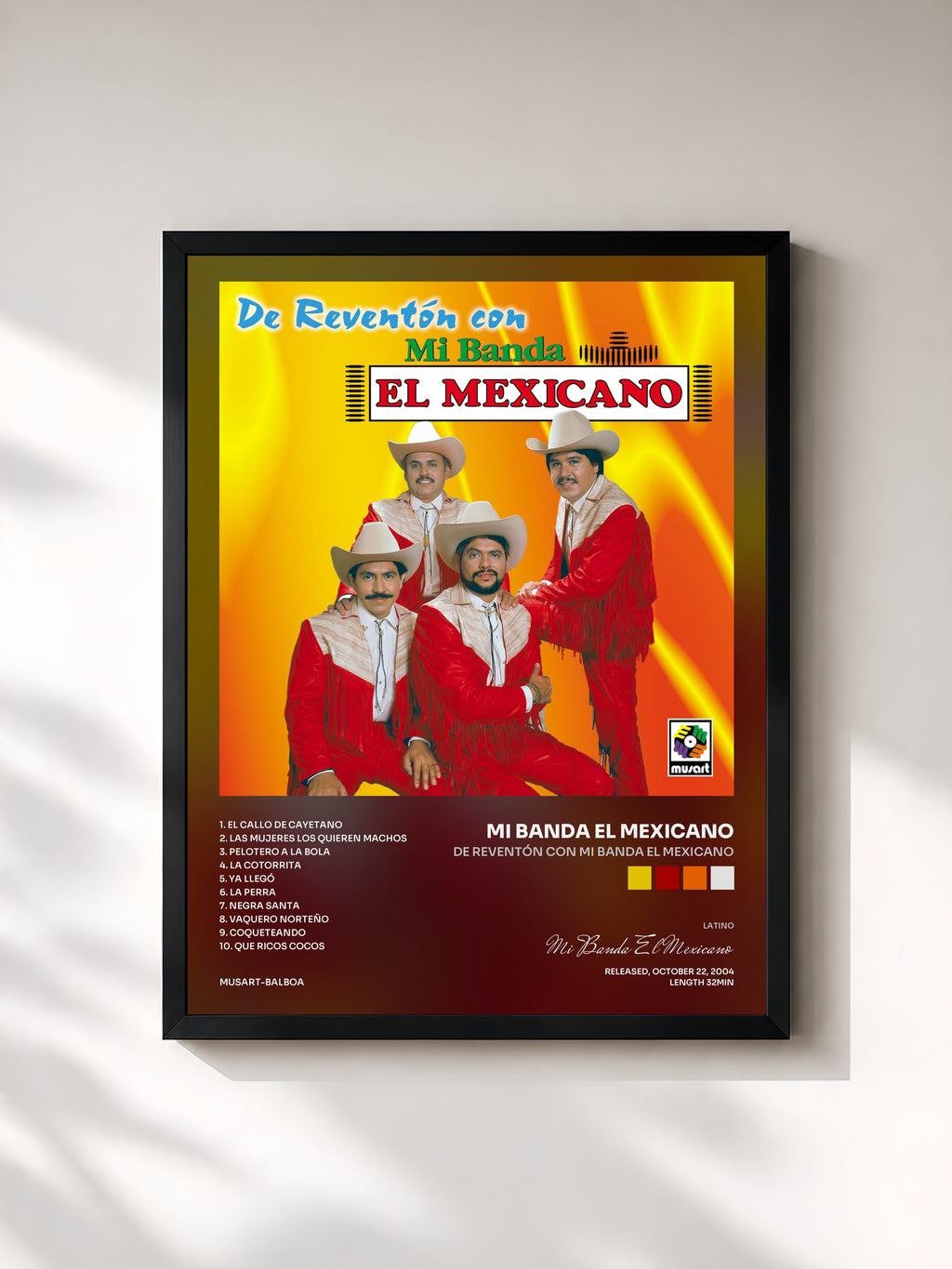 #noir Tableau de l'album De Reventón Con Mi Banda El Mexicano de Mi Banda El Mexicano, cadre noir, imprimé et encadré en France