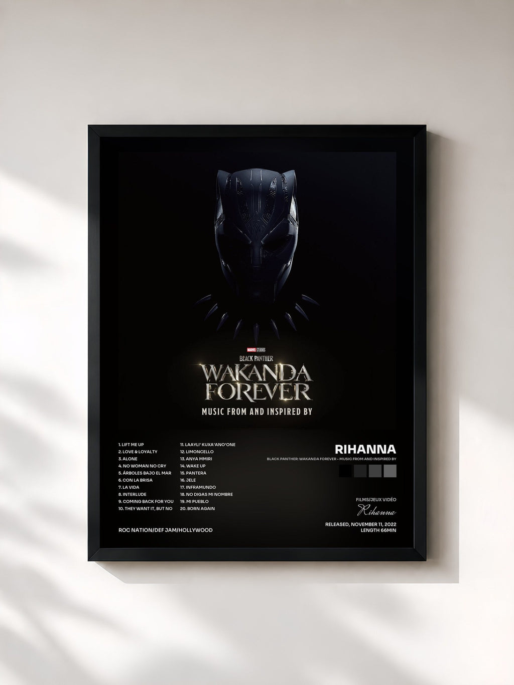 #noir Tableau de l'album Black Panther: Wakanda Forever - Music From and Inspired By de Rihanna, cadre noir, imprimé et encadré en France