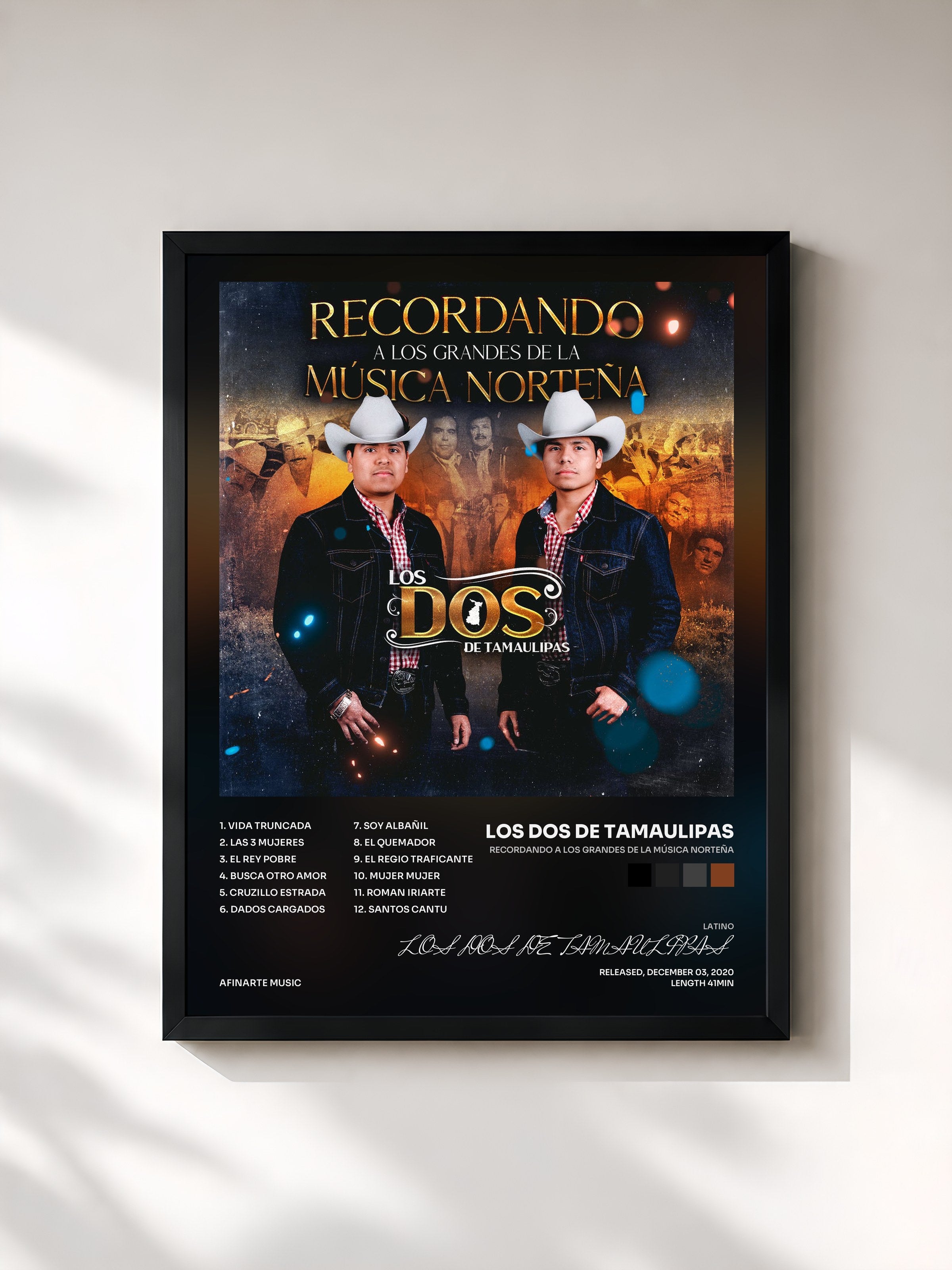 #noir Tableau de l'album Recordando a los Grandes de la Música Norteña de LOS DOS DE TAMAULIPAS, cadre noir, imprimé et encadré en France