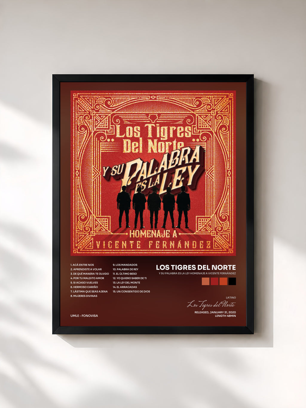 #noir Tableau de l'album Y Su Palabra Es La Ley Homenaje A Vicente Fernández de Los Tigres del Norte, cadre noir, imprimé et encadré en France