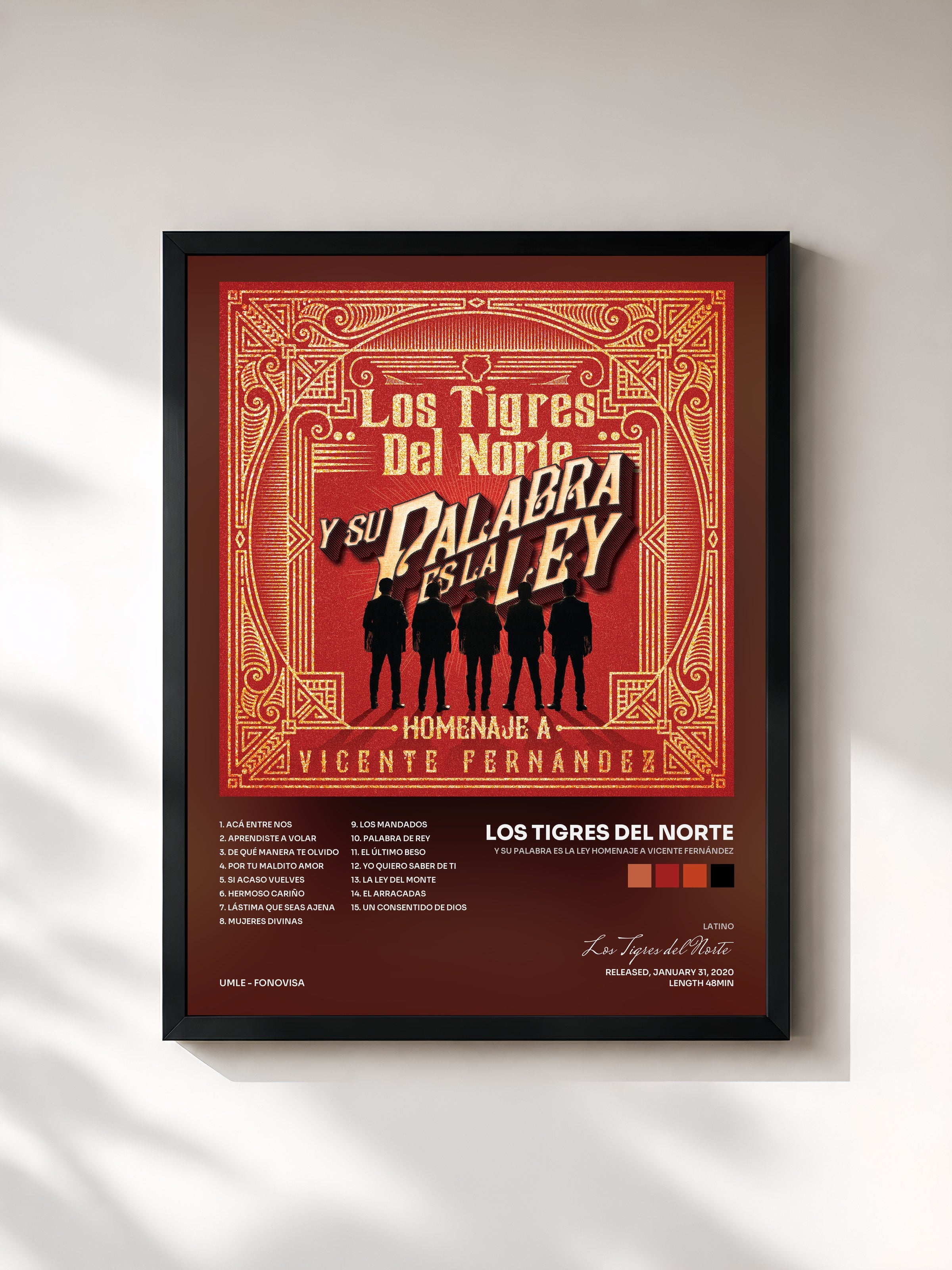 #noir Tableau de l'album Y Su Palabra Es La Ley Homenaje A Vicente Fernández de Los Tigres del Norte, cadre noir, imprimé et encadré en France
