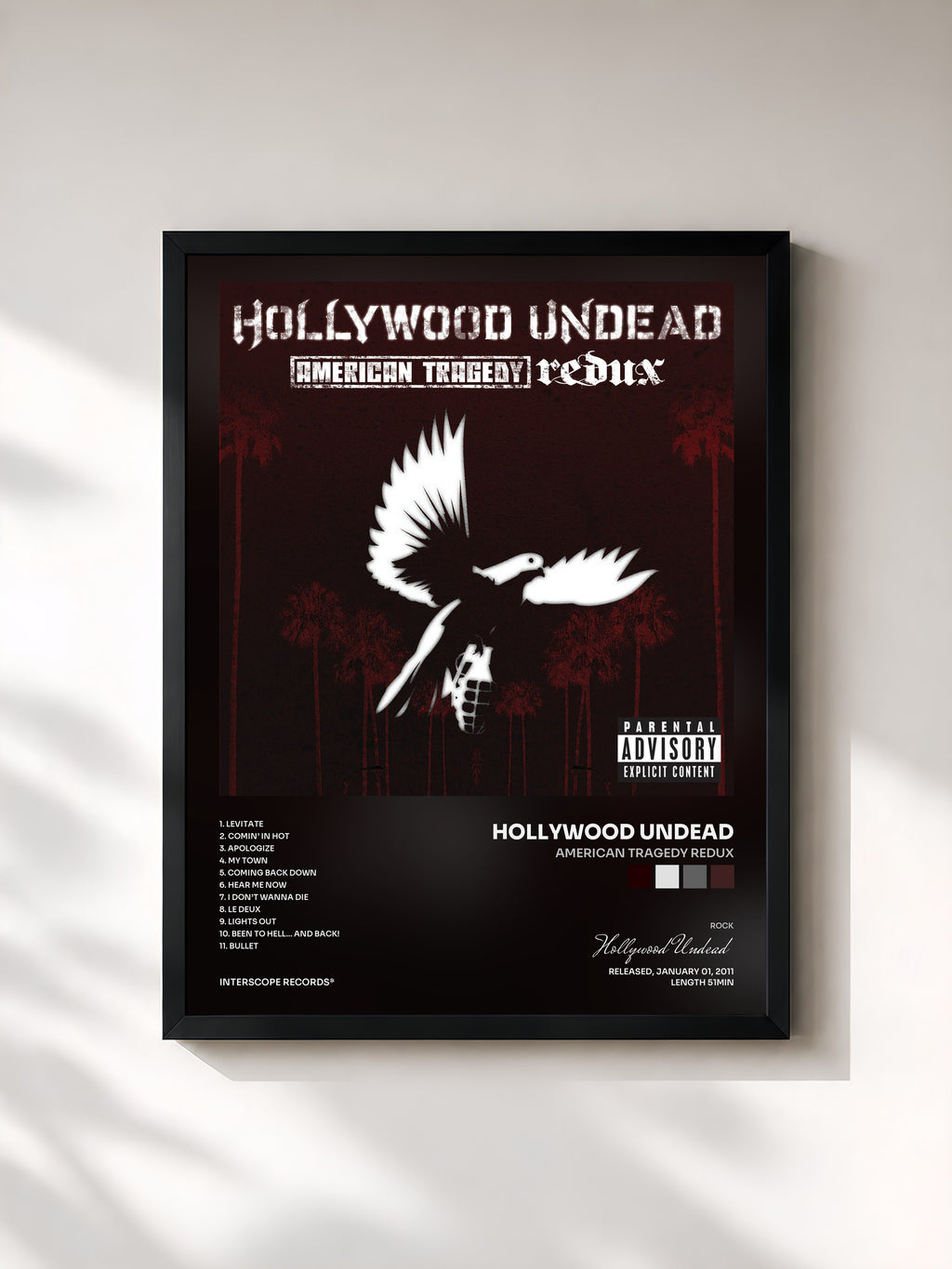 #noir Tableau de l'album American Tragedy Redux de Hollywood Undead, cadre noir, imprimé et encadré en France