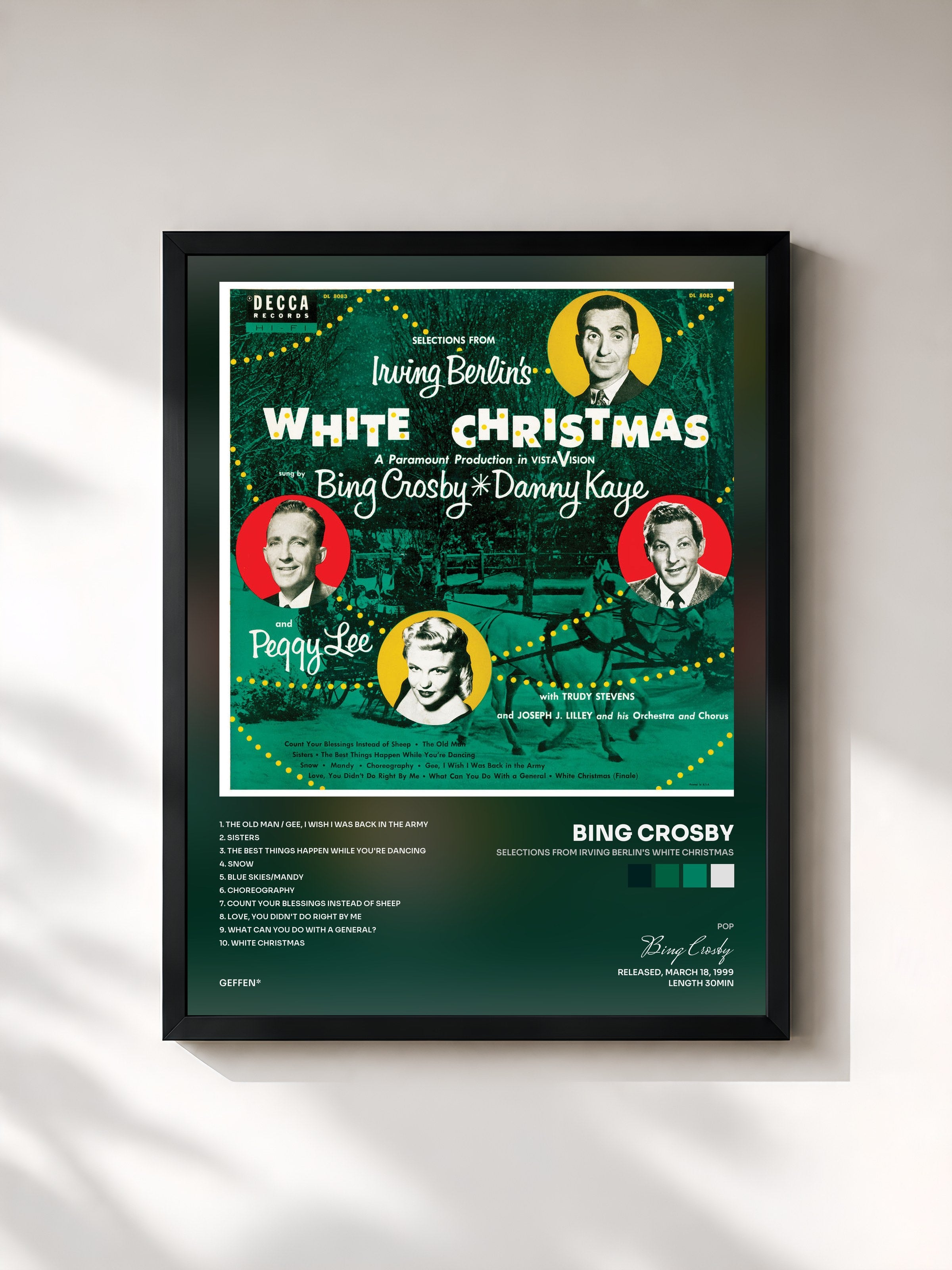 #noir Tableau de l'album Selections From Irving Berlin's White Christmas de Bing Crosby, cadre noir, imprimé et encadré en France