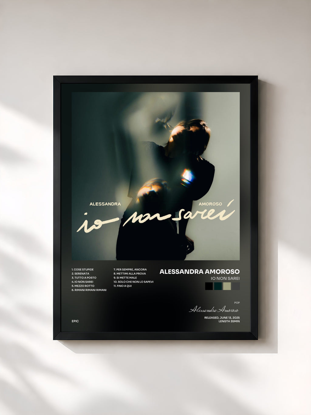 #noir Tableau de l'album IO NON SAREI de Alessandra Amoroso, cadre noir, imprimé et encadré en France
