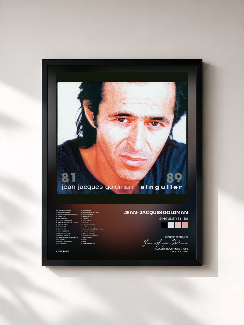 #noir Tableau de l'album Singulier 81 - 89 de Jean-Jacques Goldman, cadre noir, imprimé et encadré en France