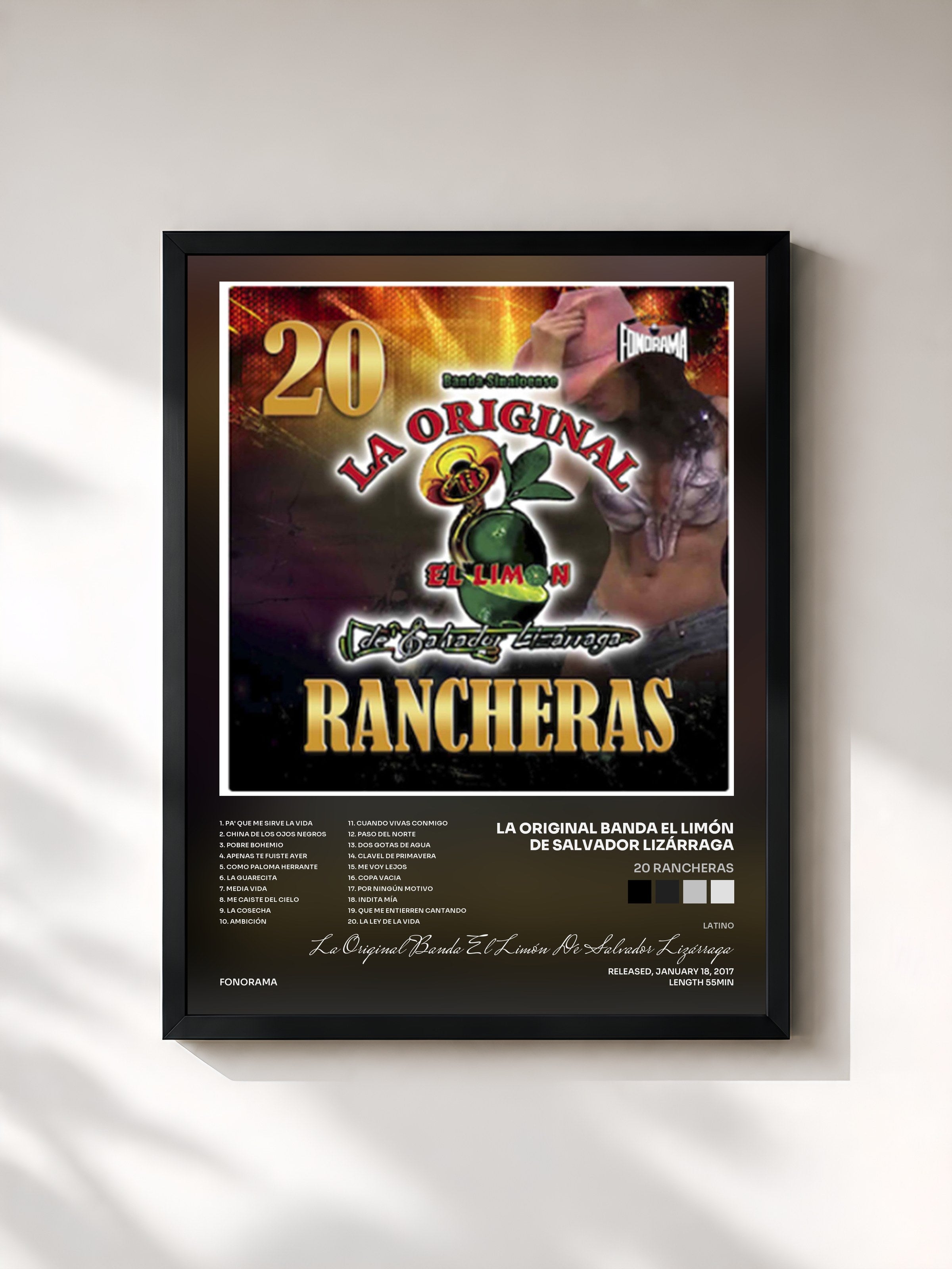 #noir Tableau de l'album 20 Rancheras de La Original Banda El Limón De Salvador Lizárraga, cadre noir, imprimé et encadré en France