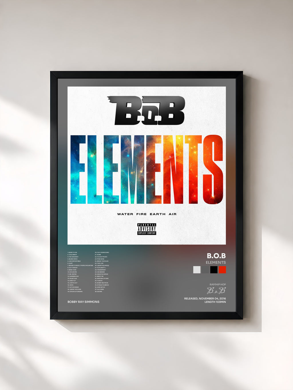 #noir Tableau de l'album Elements de B.o.B, cadre noir, imprimé et encadré en France