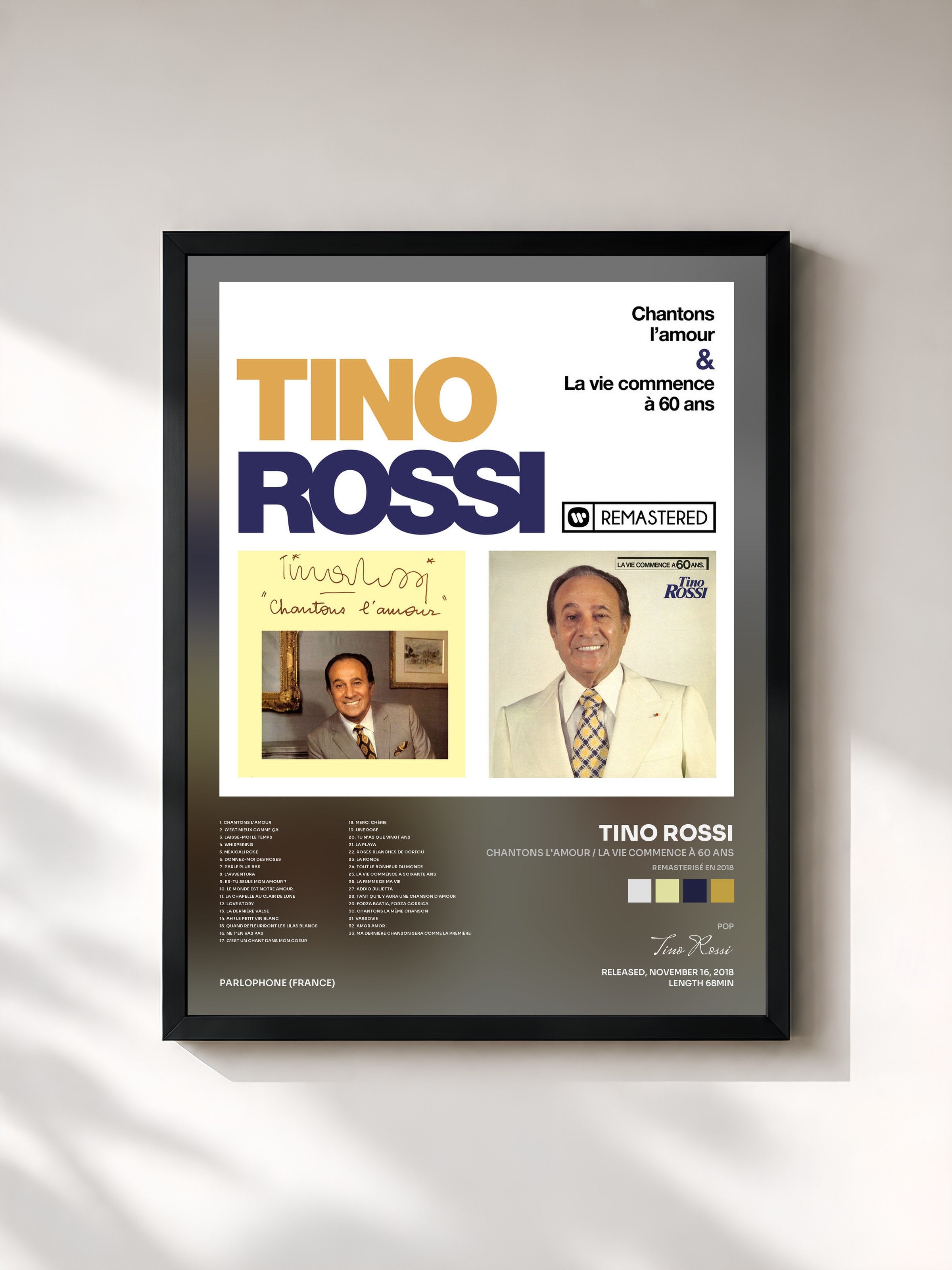#noir Tableau de l'album Chantons l'amour / La vie commence à 60 ans (Remasterisé en 2018) de Tino Rossi, cadre noir, imprimé et encadré en France