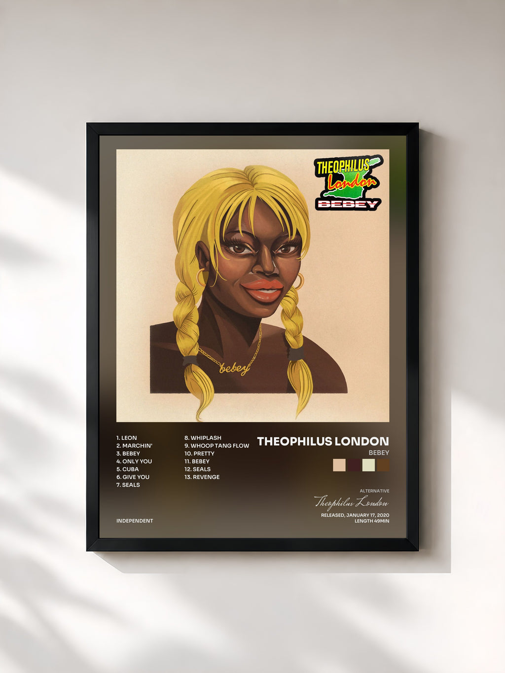 #noir Tableau de l'album Bebey de Theophilus London, cadre noir, imprimé et encadré en France