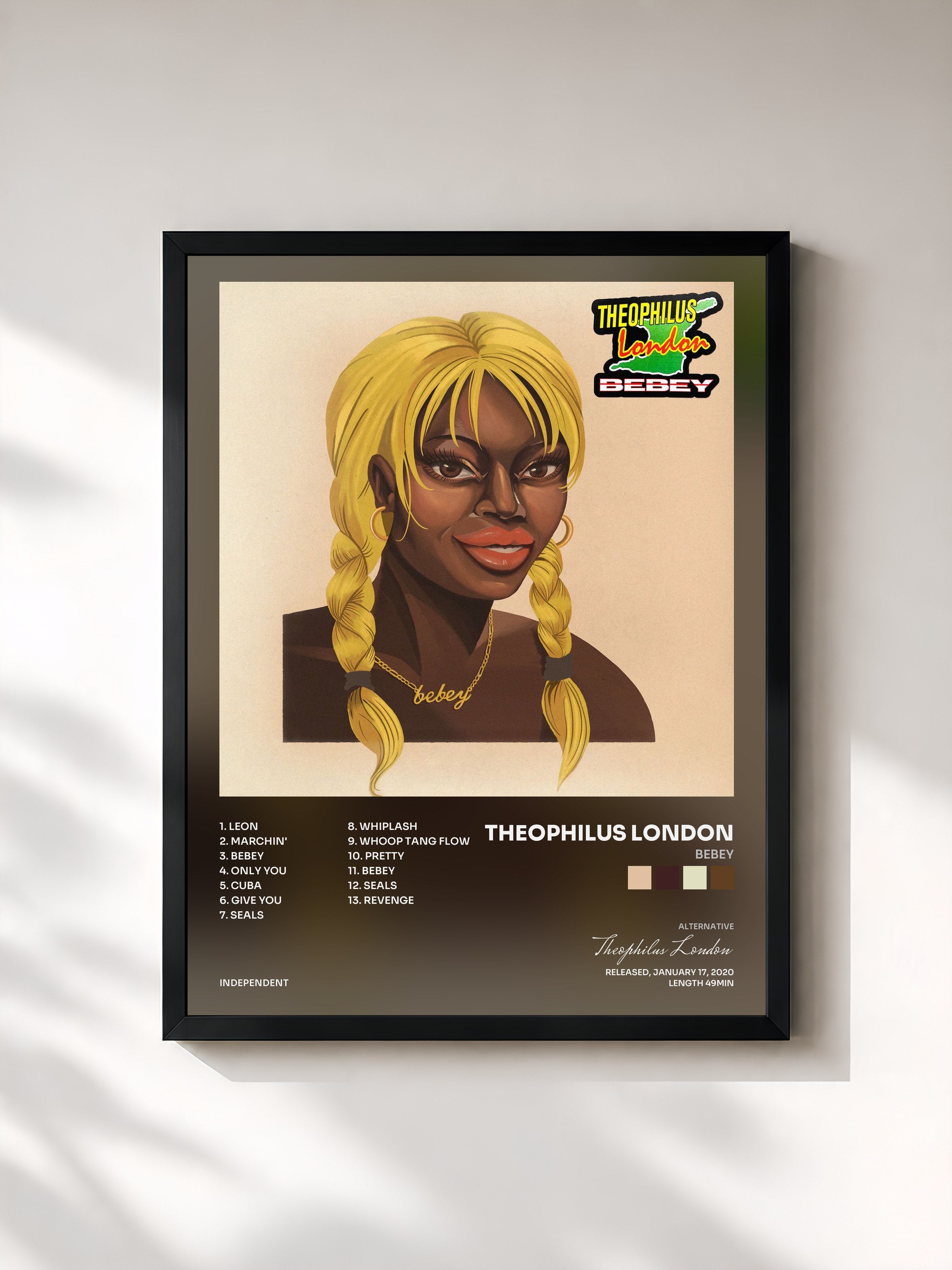 #noir Tableau de l'album Bebey de Theophilus London, cadre noir, imprimé et encadré en France