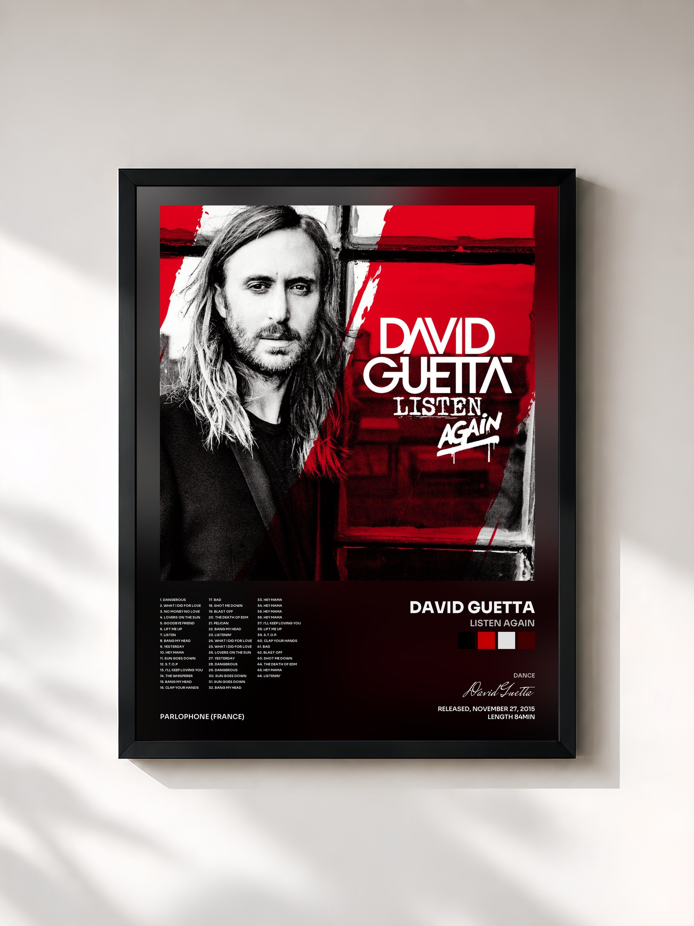 #noir Tableau de l'album Listen Again de David Guetta, cadre noir, imprimé et encadré en France