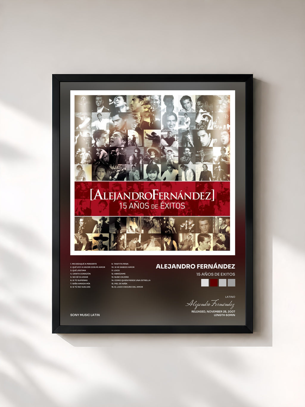 #noir Tableau de l'album 15 Años de Exitos de Alejandro Fernández, cadre noir, imprimé et encadré en France