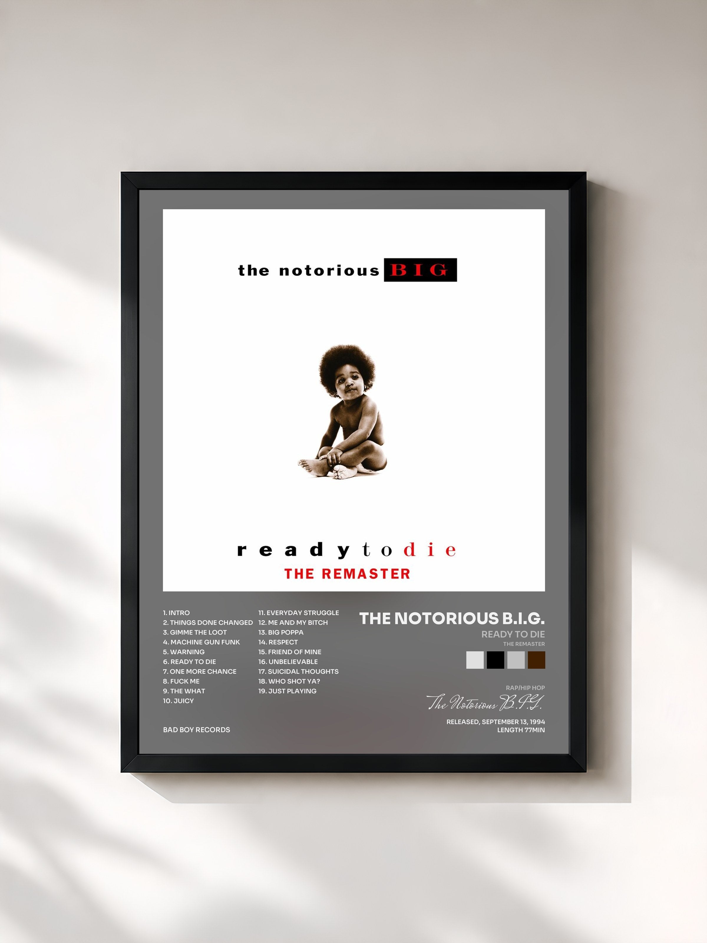 #noir Tableau de l'album Ready to Die (The Remaster) de The Notorious B.I.G., cadre noir, imprimé et encadré en France