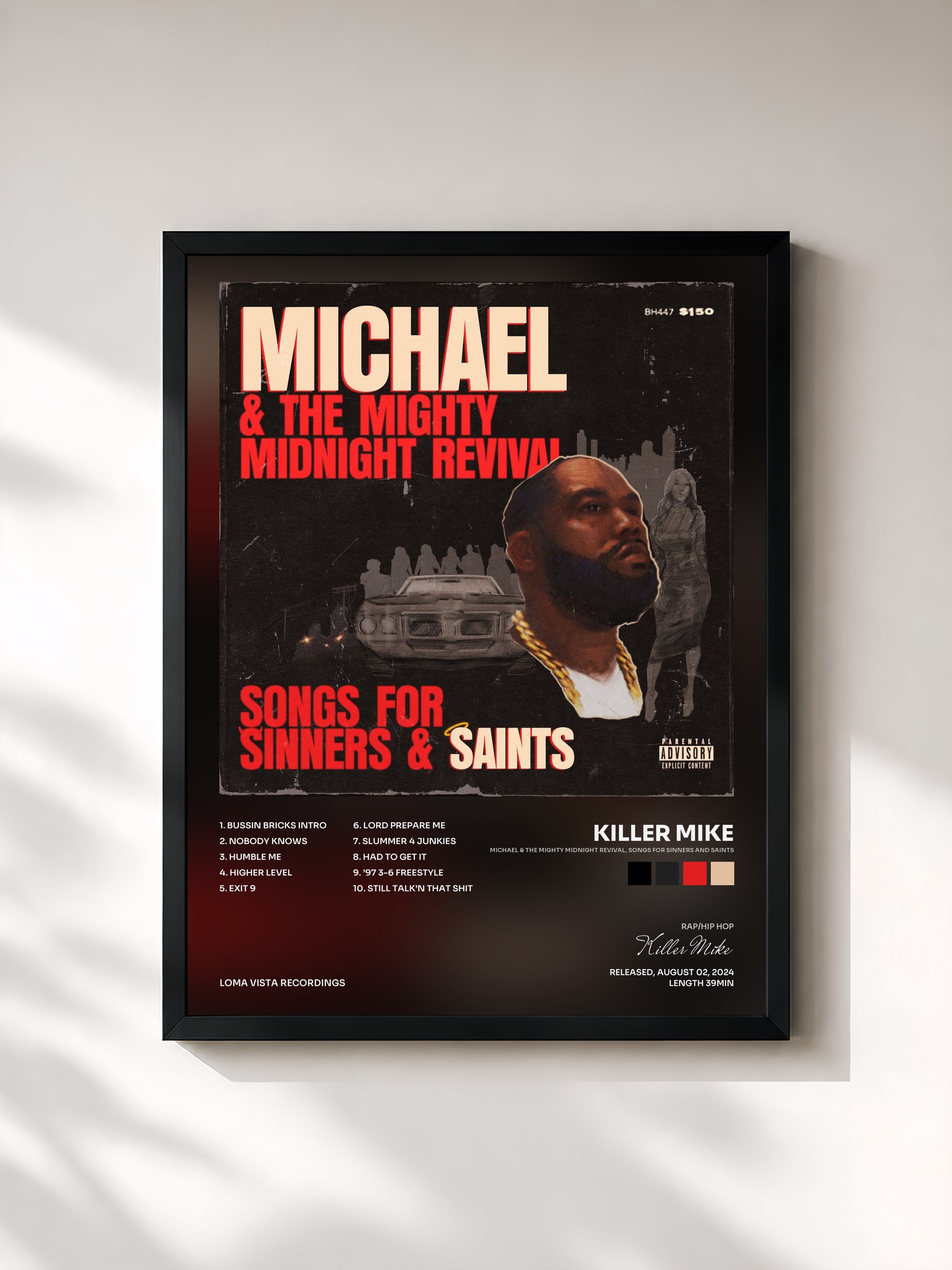 #noir Tableau de l'album Michael & The Mighty Midnight Revival, Songs For Sinners And Saints de Killer Mike, cadre noir, imprimé et encadré en France